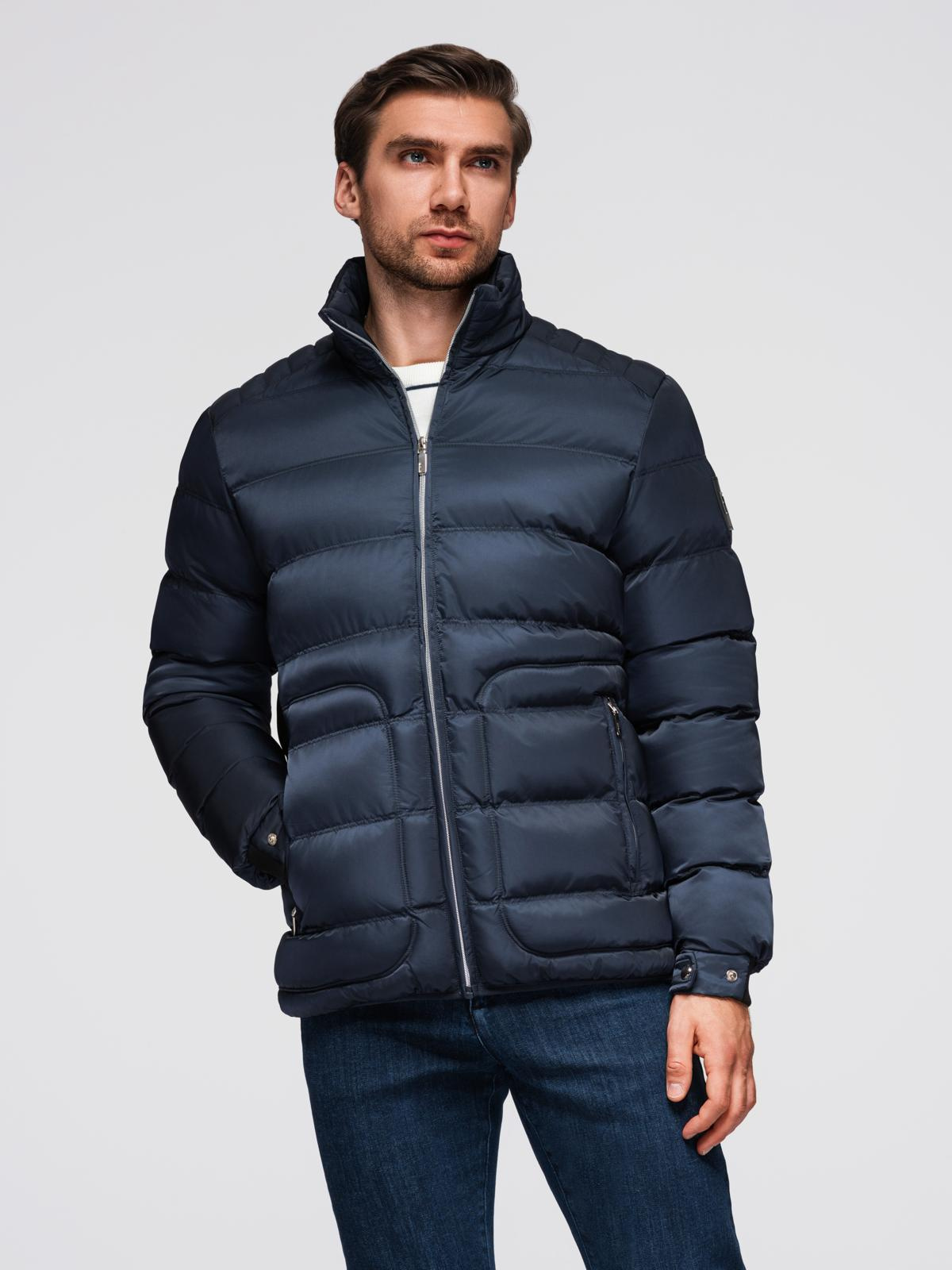 Ombre Men&#039;s quilted jacket with sheen and stand-up collar - dark blue