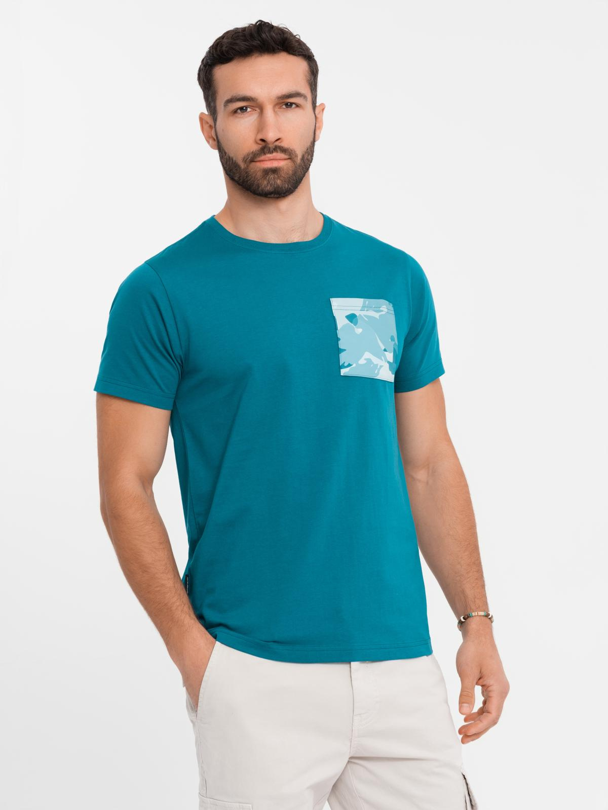 Ombre Men's cotton t-shirt with printed pocket - turquoise