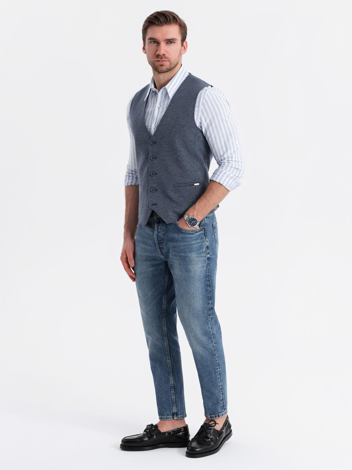 Ombre Fitted elegant men's structured knit vest - navy blue