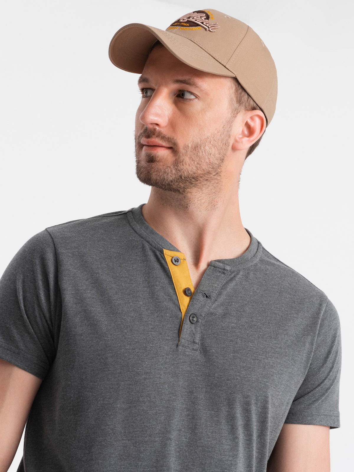 Ombre Men's t-shirt with round henley neckline - dark grey