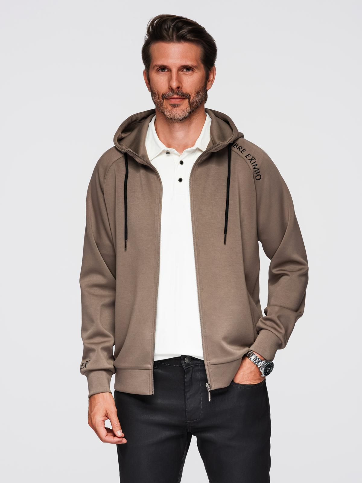 Ombre Men's unbuttoned sweatshirt with stand-up collar and hood - gray-brown