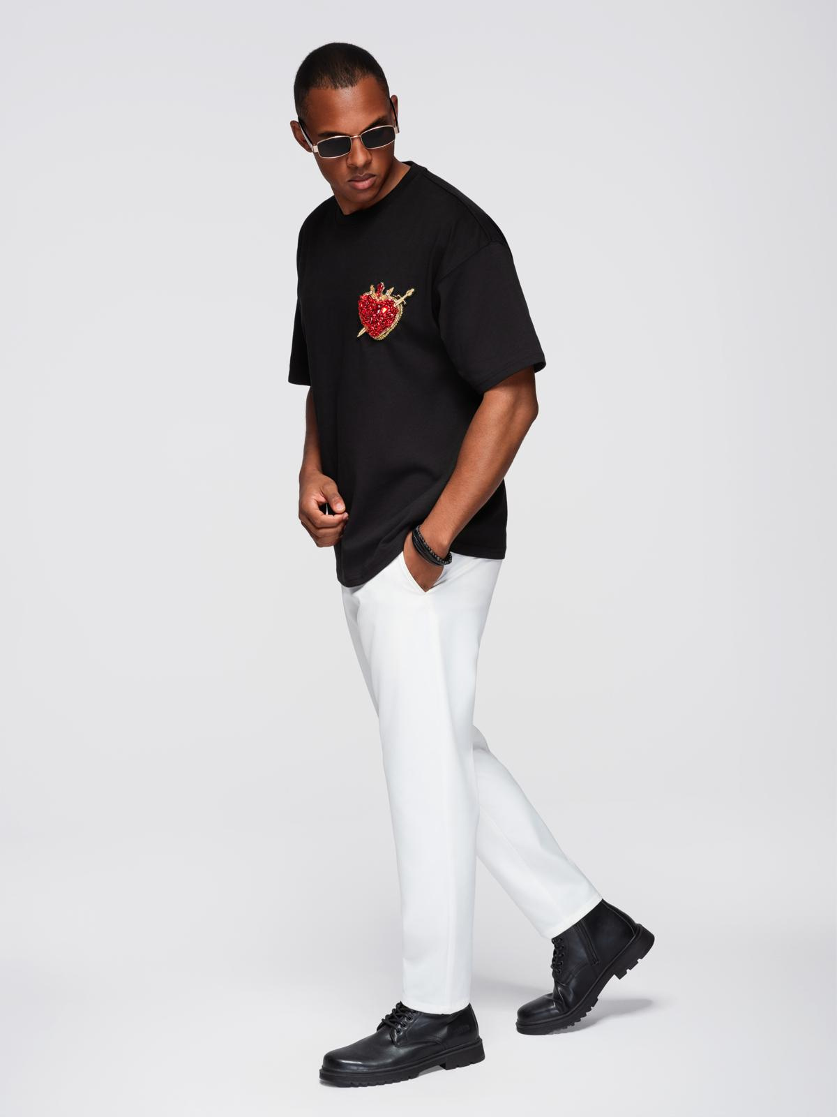 Ombre Men's cotton T-shirt with jewelry applique on chest - black