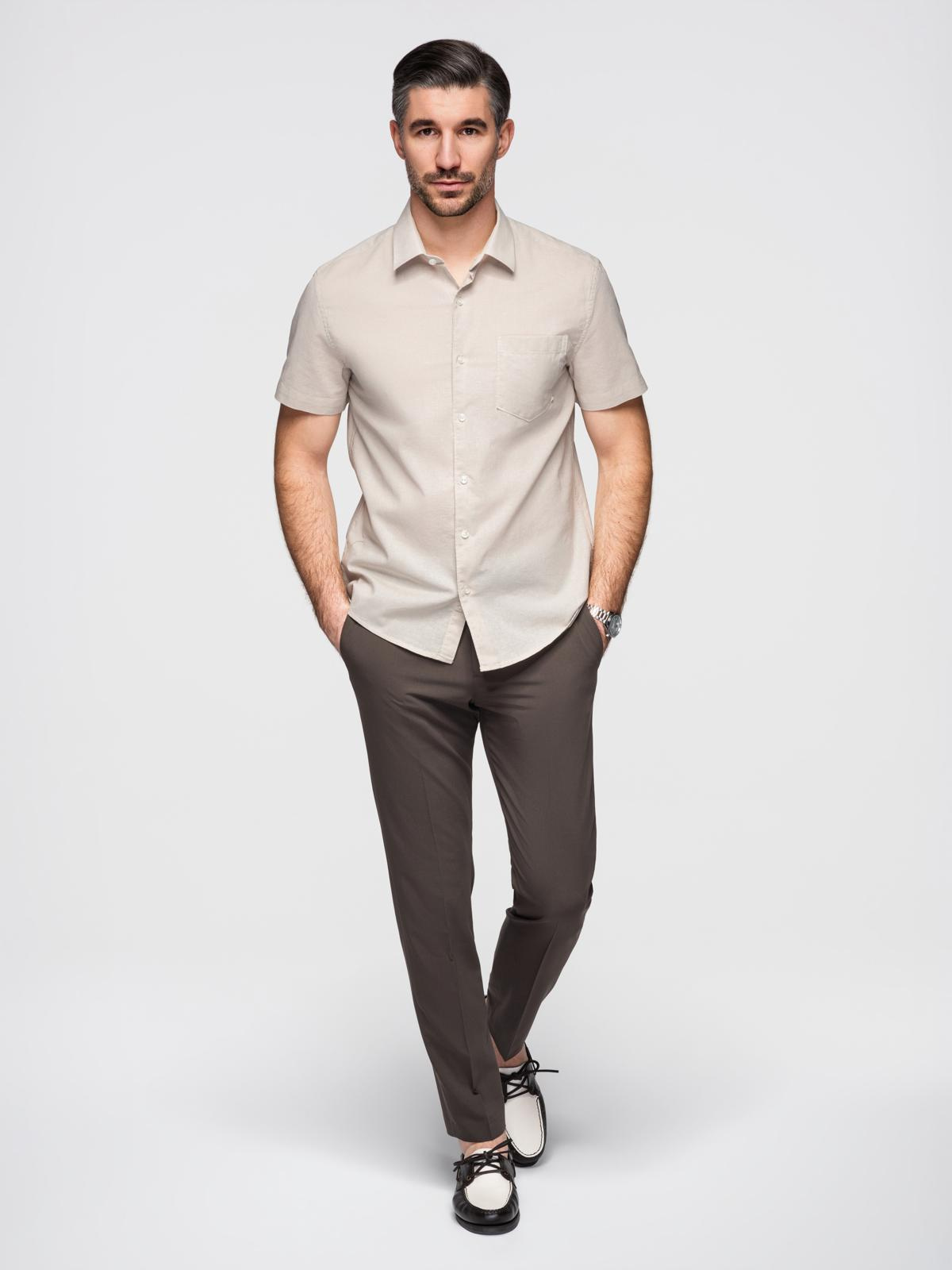 Ombre Men's short-sleeved linen-cotton shirt with pocket - beige