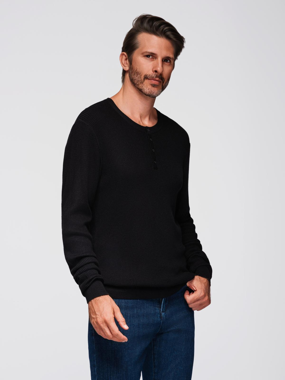 Ombre Men&#039;s ribbed sweater with buttons at the neckline - black