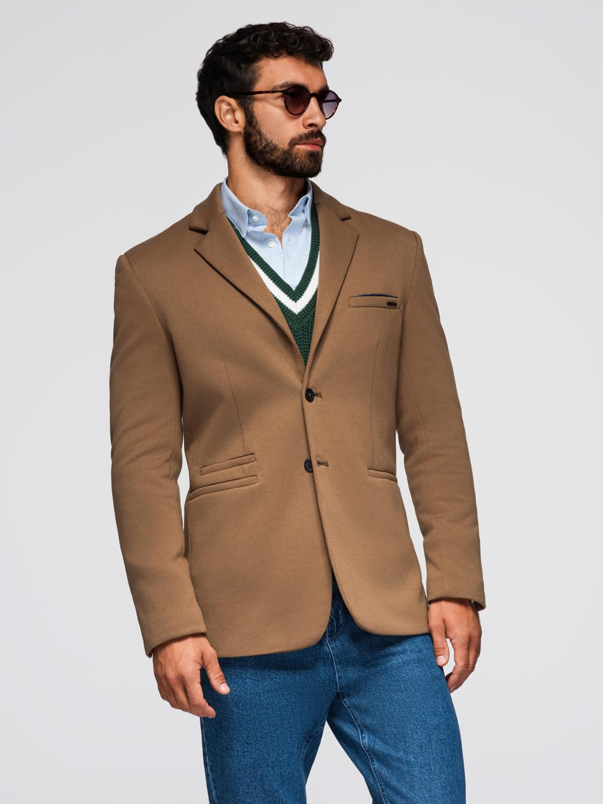 Ombre Men's knitted jacket with a fitted cut - light brown