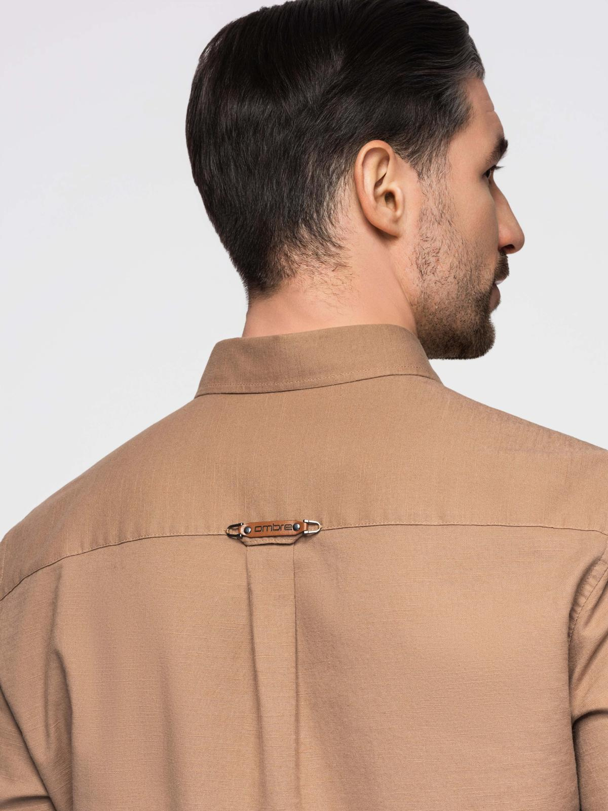 Ombre Men's linen shirt with classic collar and pockets REGULAR FIT - light brown