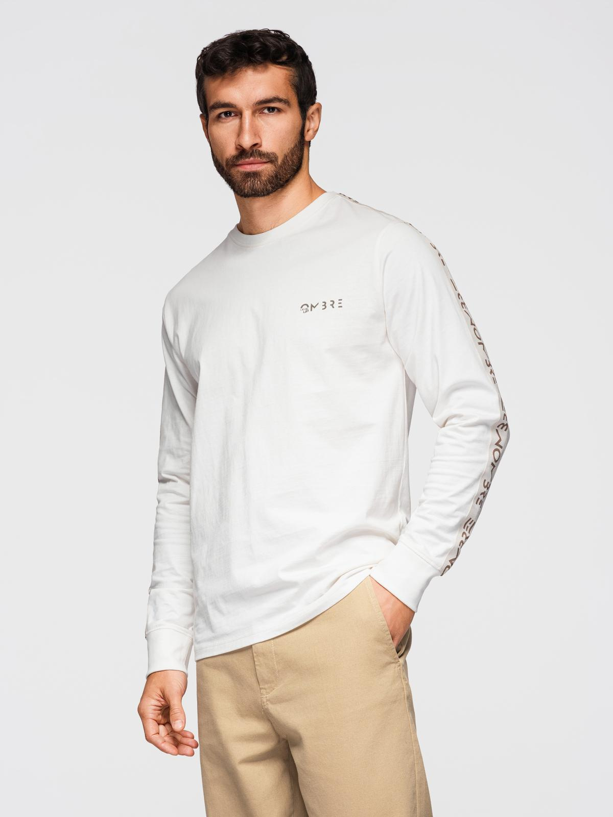 Ombre Men's cotton U-neck longsleeve with piping and chest print - broken white