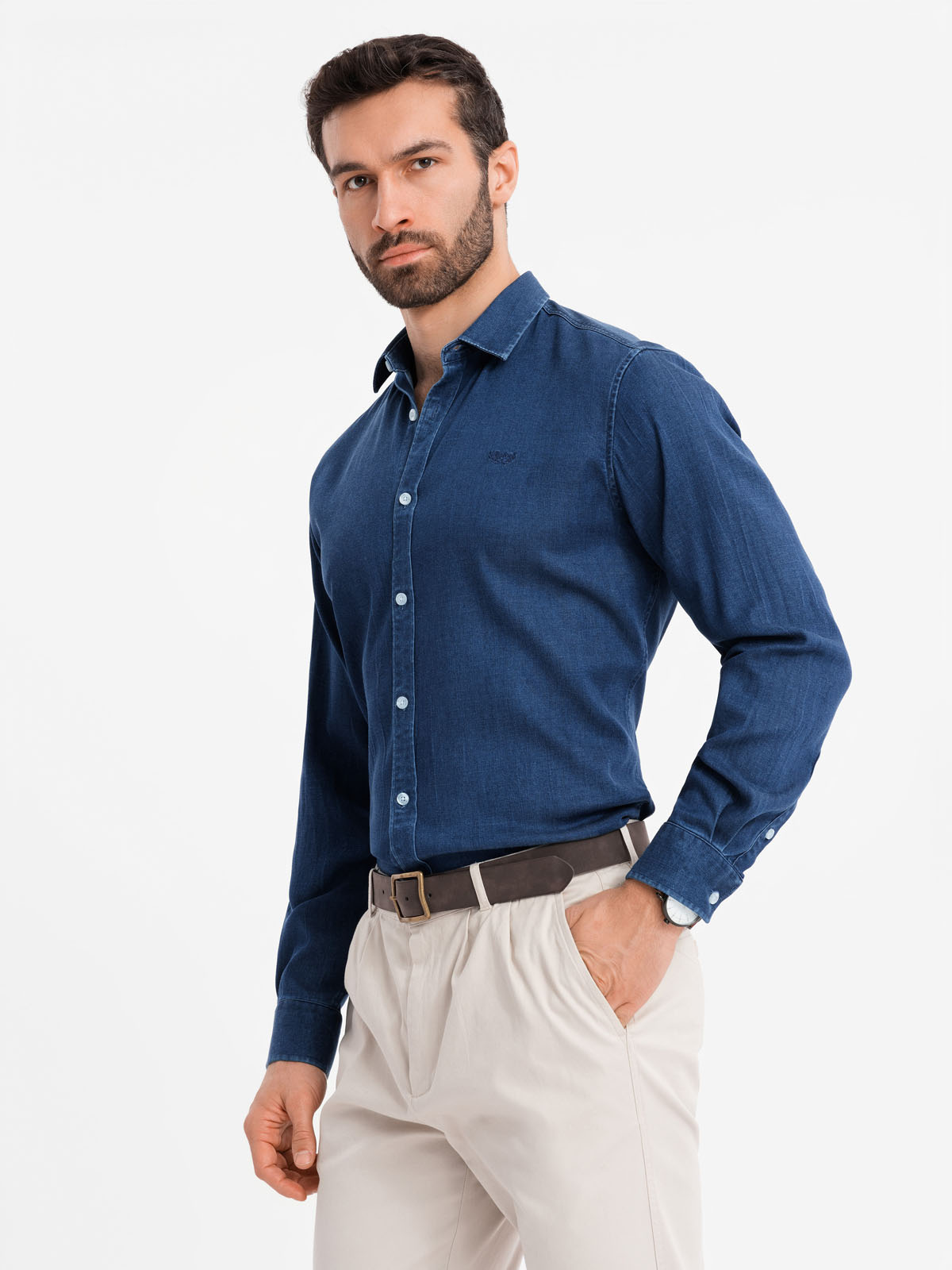 Ombre Men&#039;s denim shirt with lyocell and embroidery on chest - dark blue