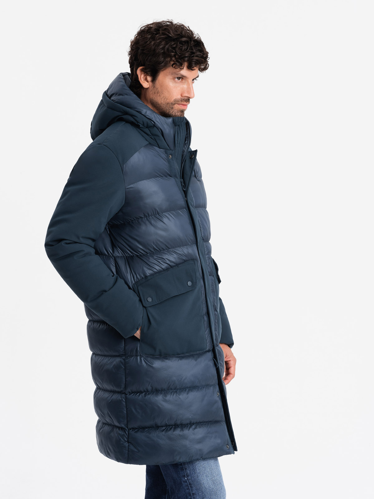 Ombre Men&#039;s quilted long jacket with large pockets - navy blue