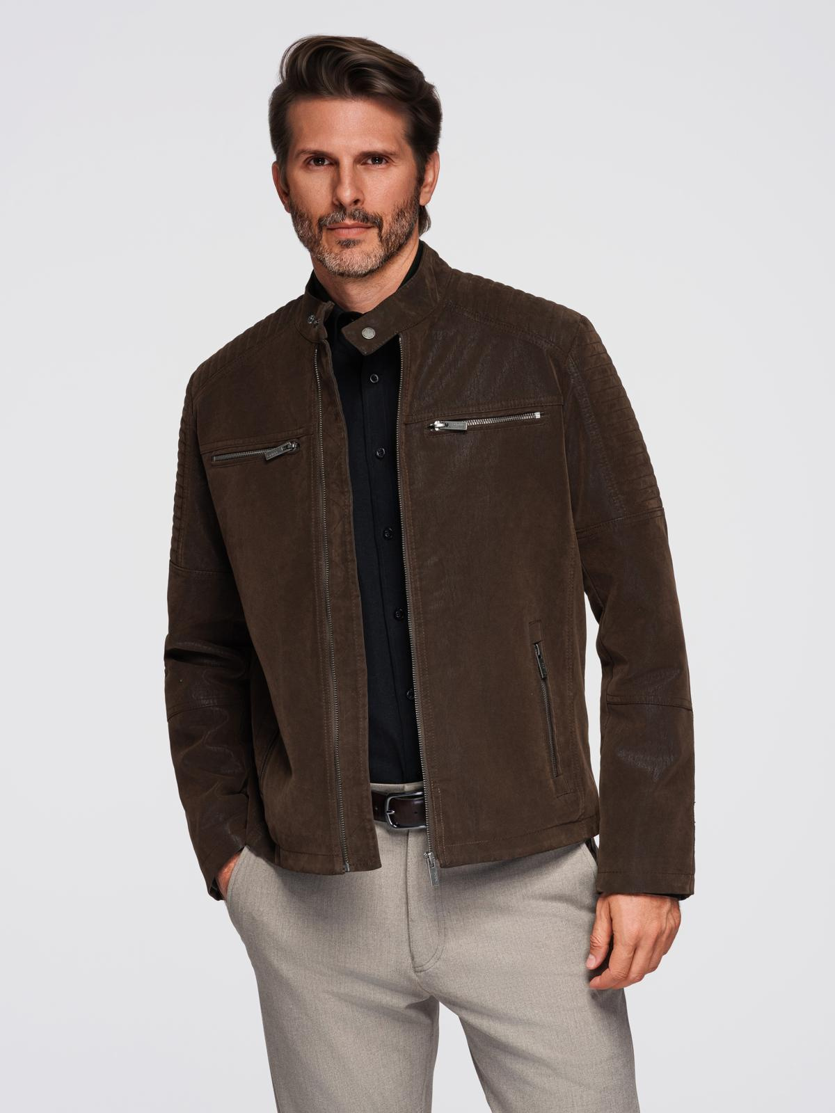 Ombre Men&#039;s retro biker jacket with stand-up collar - brown