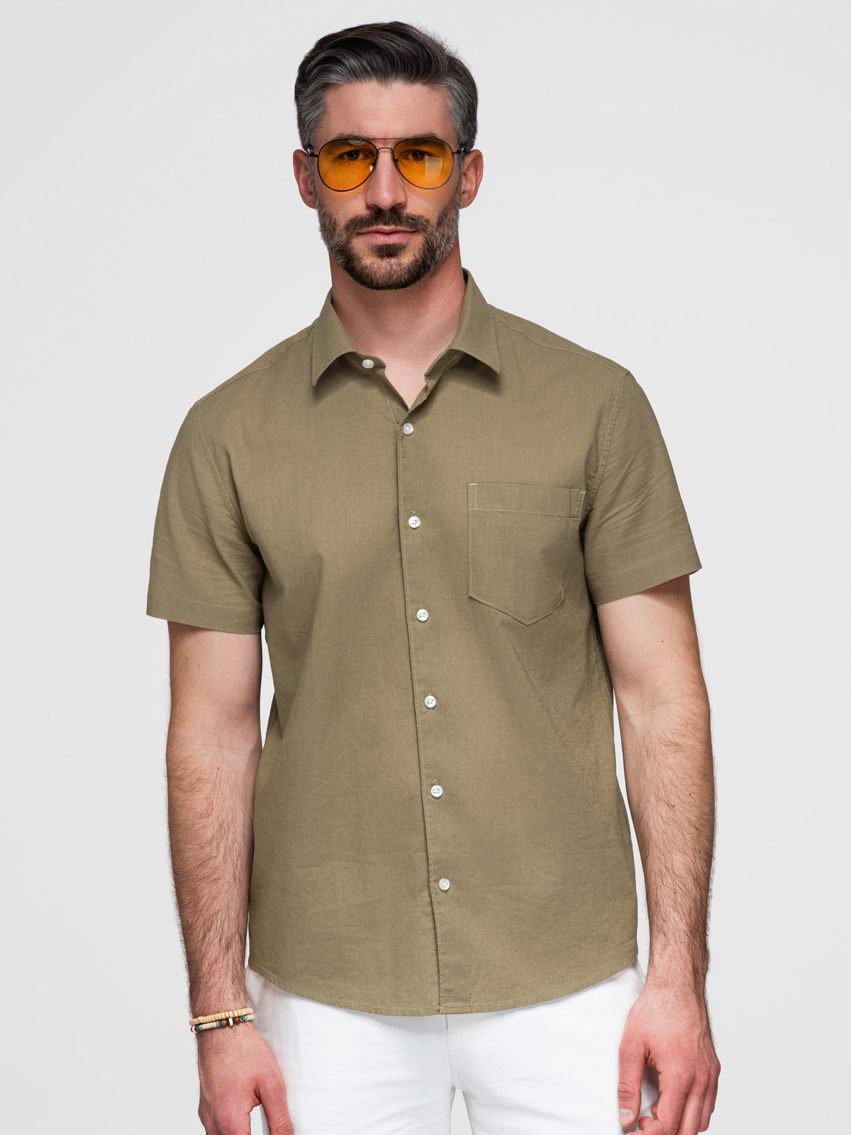 Ombre Men's short sleeve cotton and linen shirt with pocket - olive