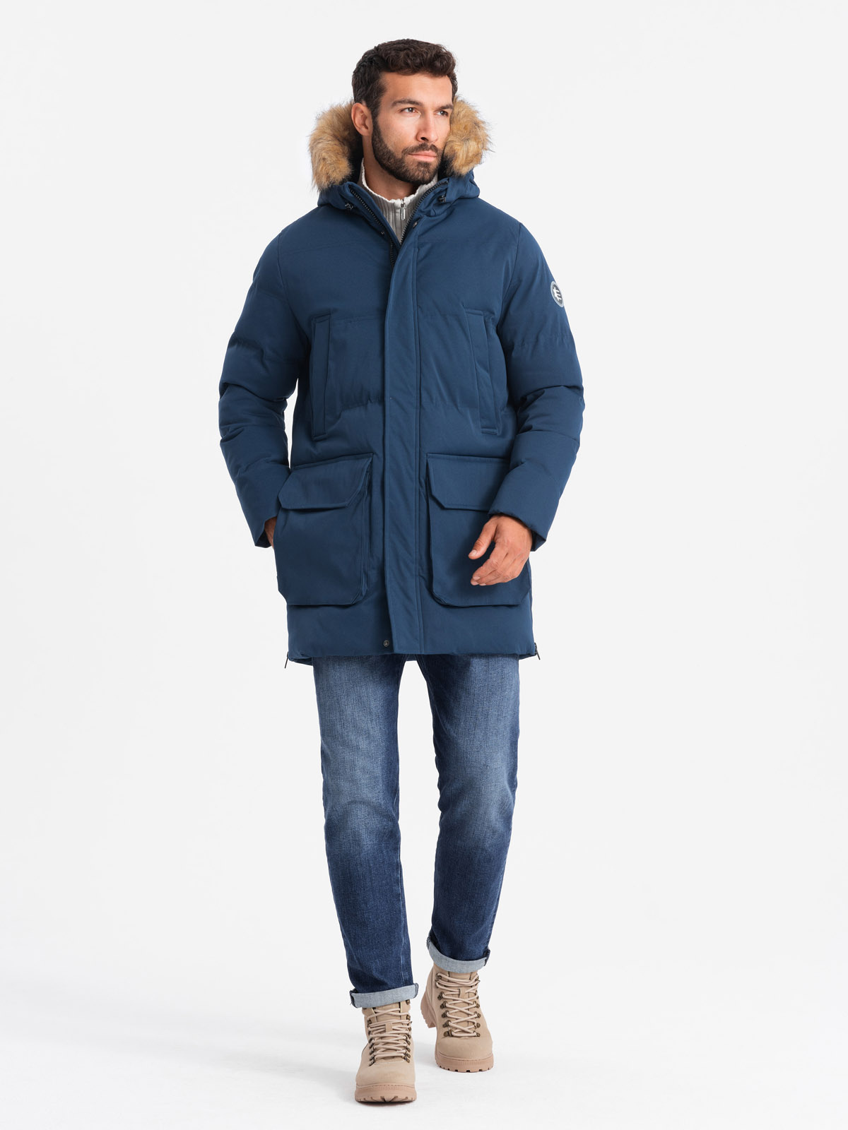 Ombre Men&#039;s long parka jacket with flared bottom - navy blue