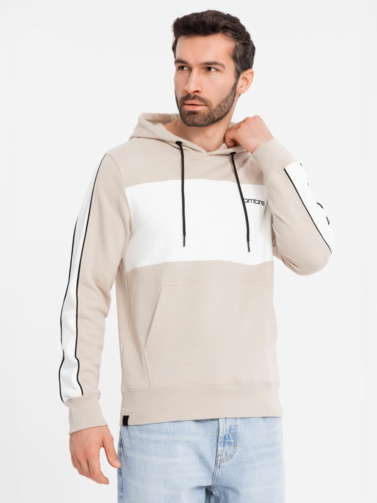 Ombre Men's cotton hoodie with contrasting elements - beige