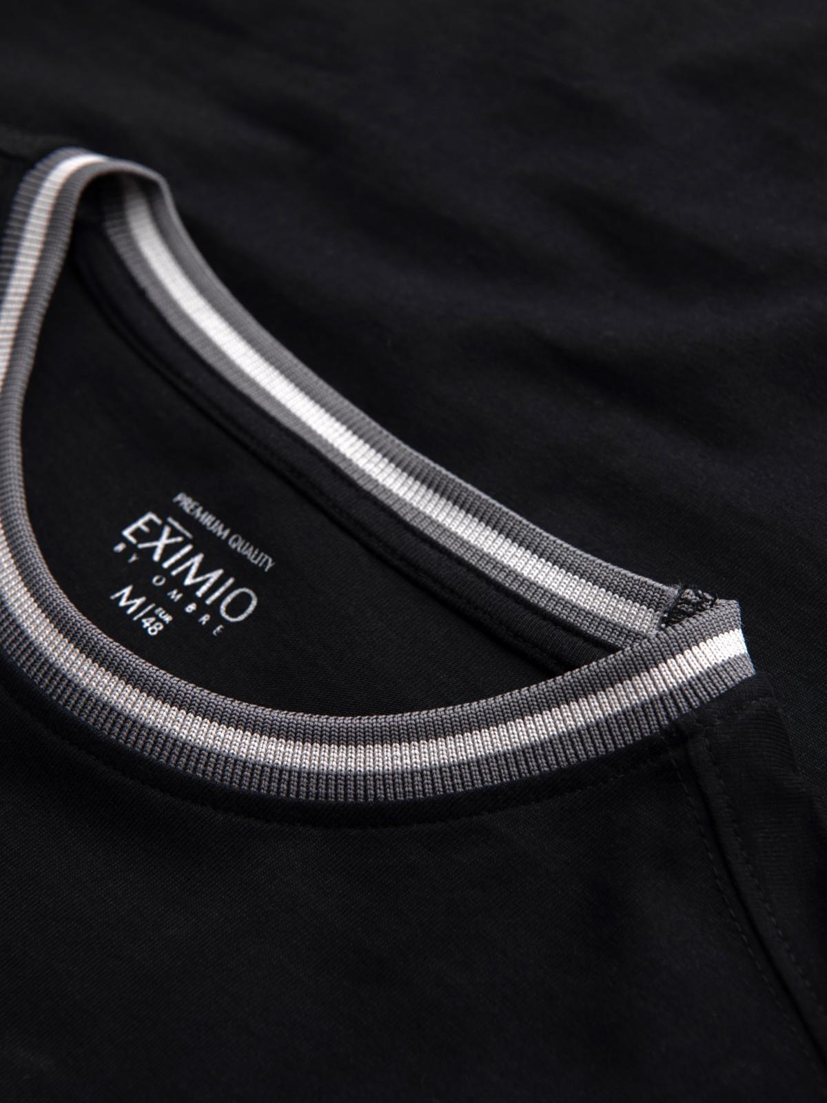 Ombre Men's cotton longsleeve with striped U neckline and embroidery - black