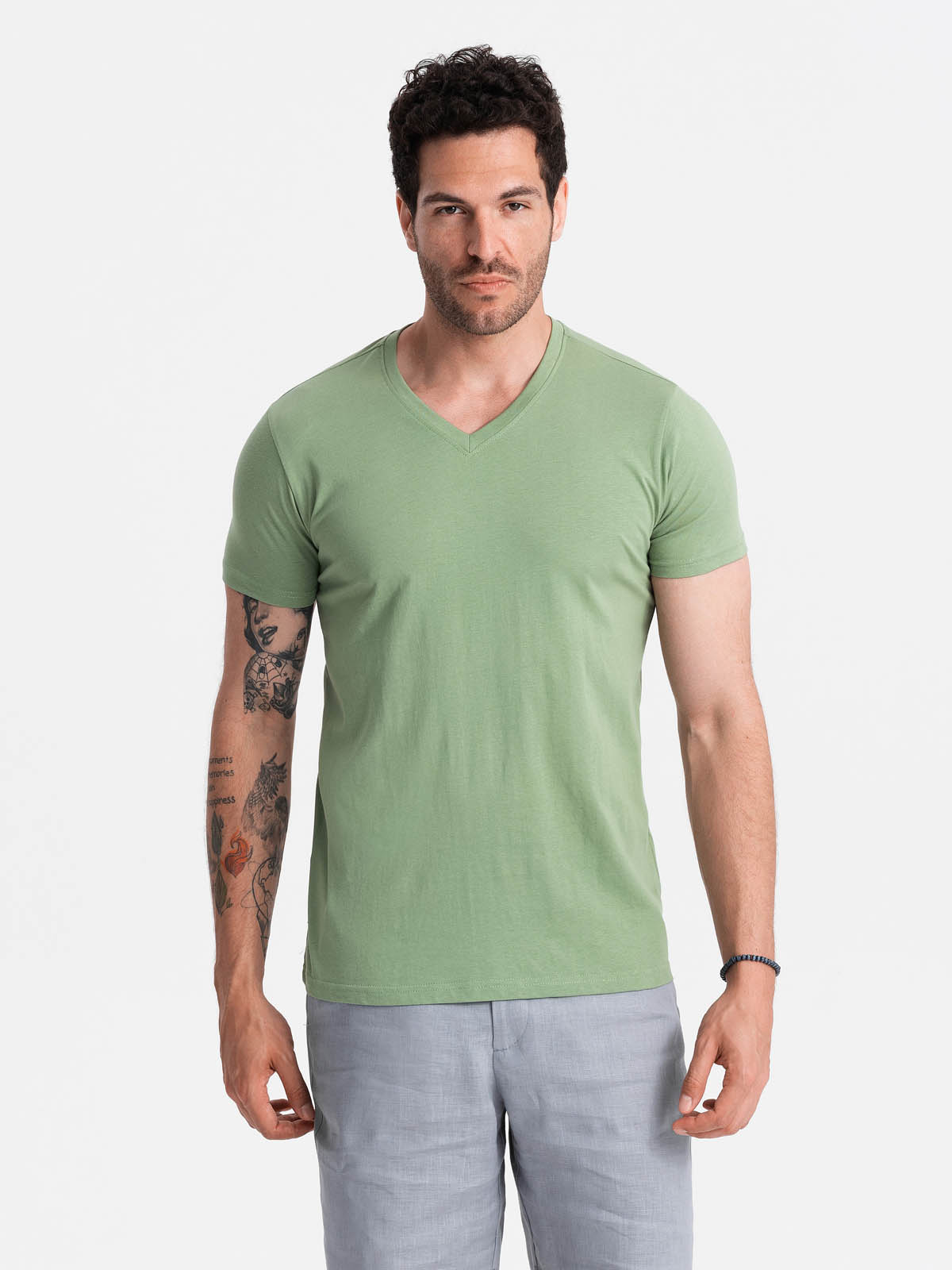 Ombre BASIC men's cotton classic tee with v-neck - green