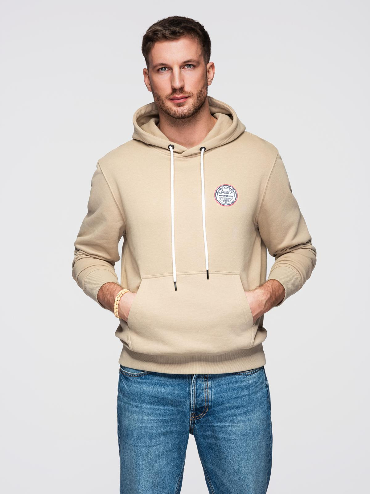 Ombre Men's kangaroo sweatshirt with hood and college style patch - sand