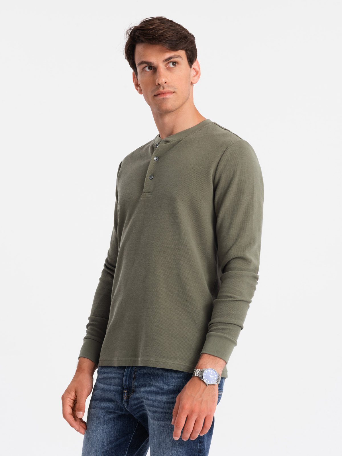Ombre Button-up neck men's waffle knit longsleeve - olive