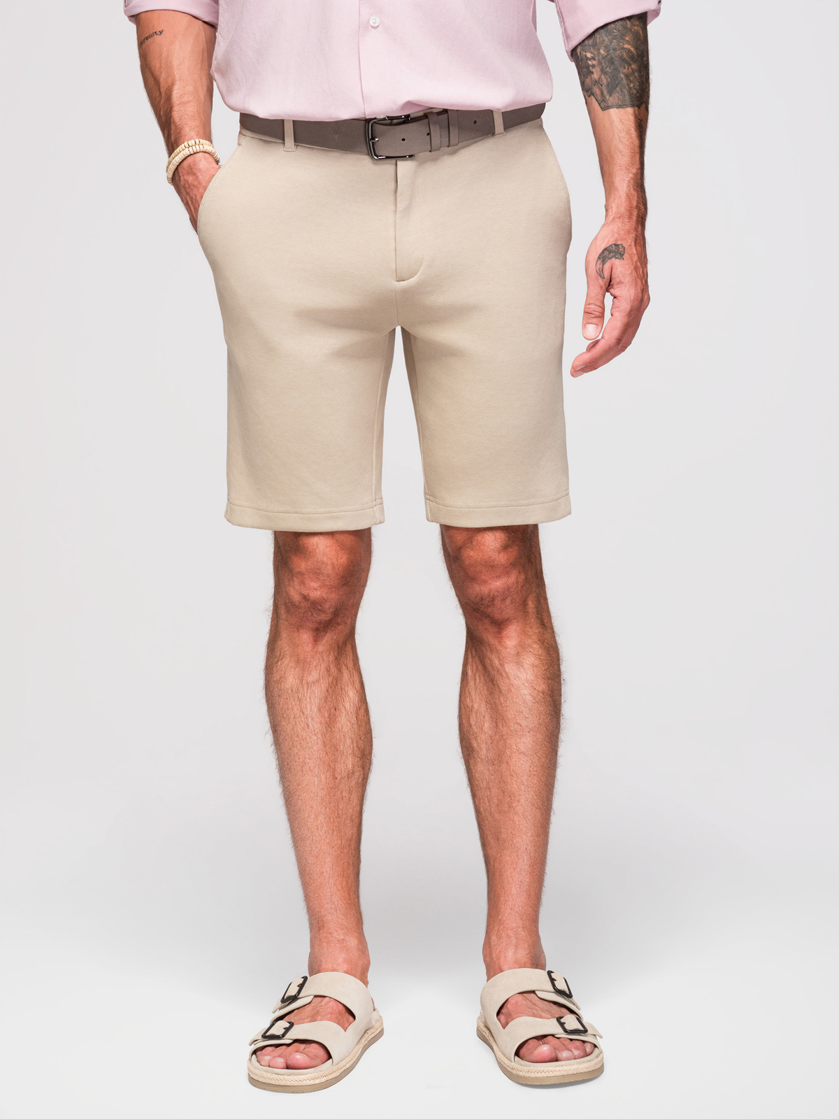 Ombre Men's SLIM FIT short shorts in melange structured knit - sand