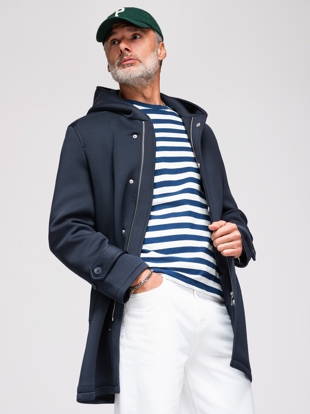 Ombre Minimalist men's mid-length coat with hood - navy blue