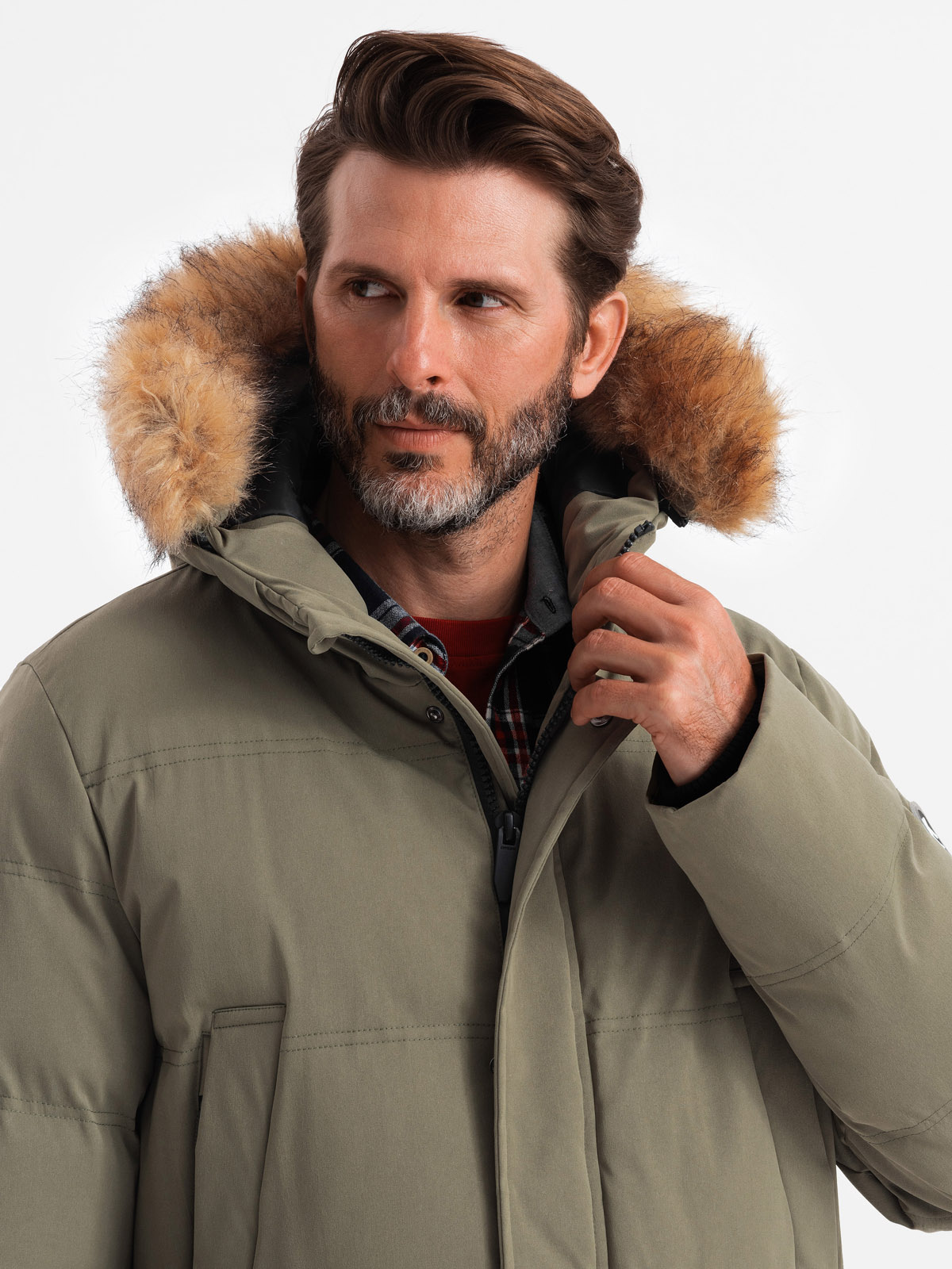 Ombre Men&#039;s long parka jacket with flared bottom - dark olive green