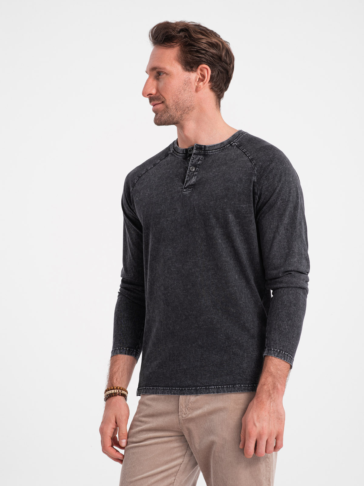 Ombre Men&#039;s wash henley longsleeve with raglan sleeves - black