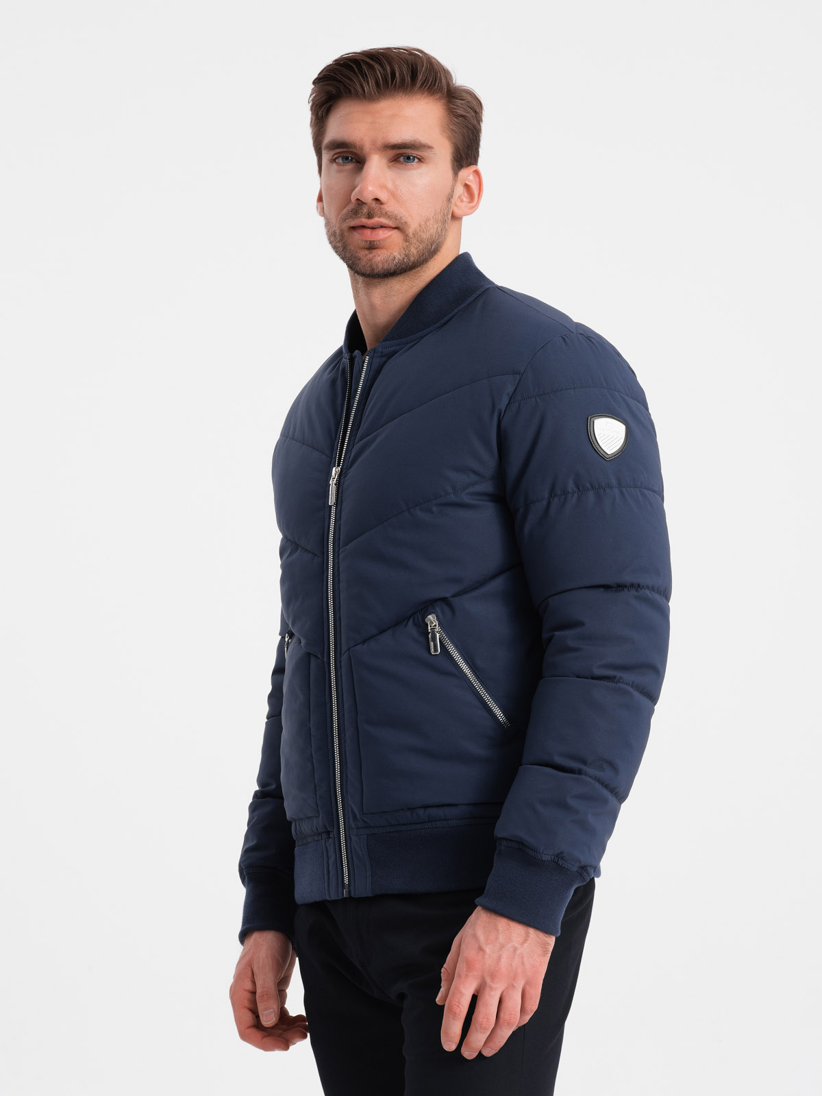 Ombre Men&#039;s quilted bomber jacket with metal zippers - navy blue