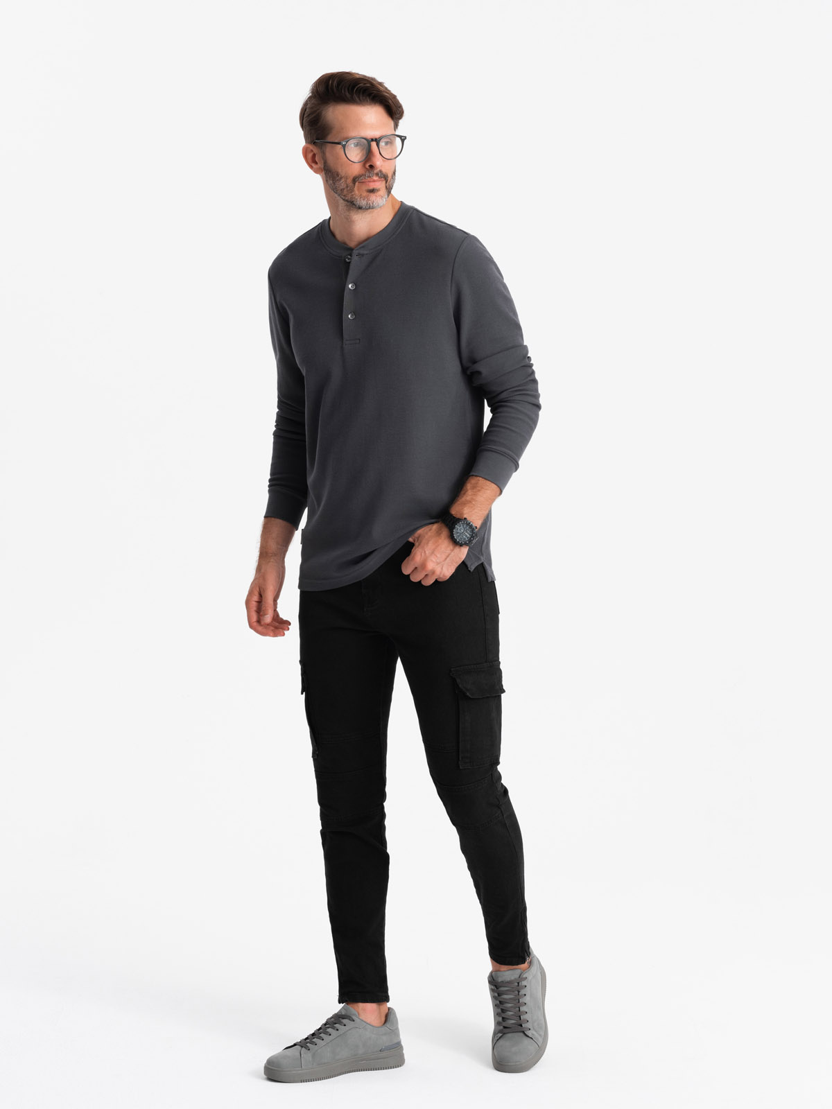 Ombre Men's waffle knit neck button-up longsleeve - graphite