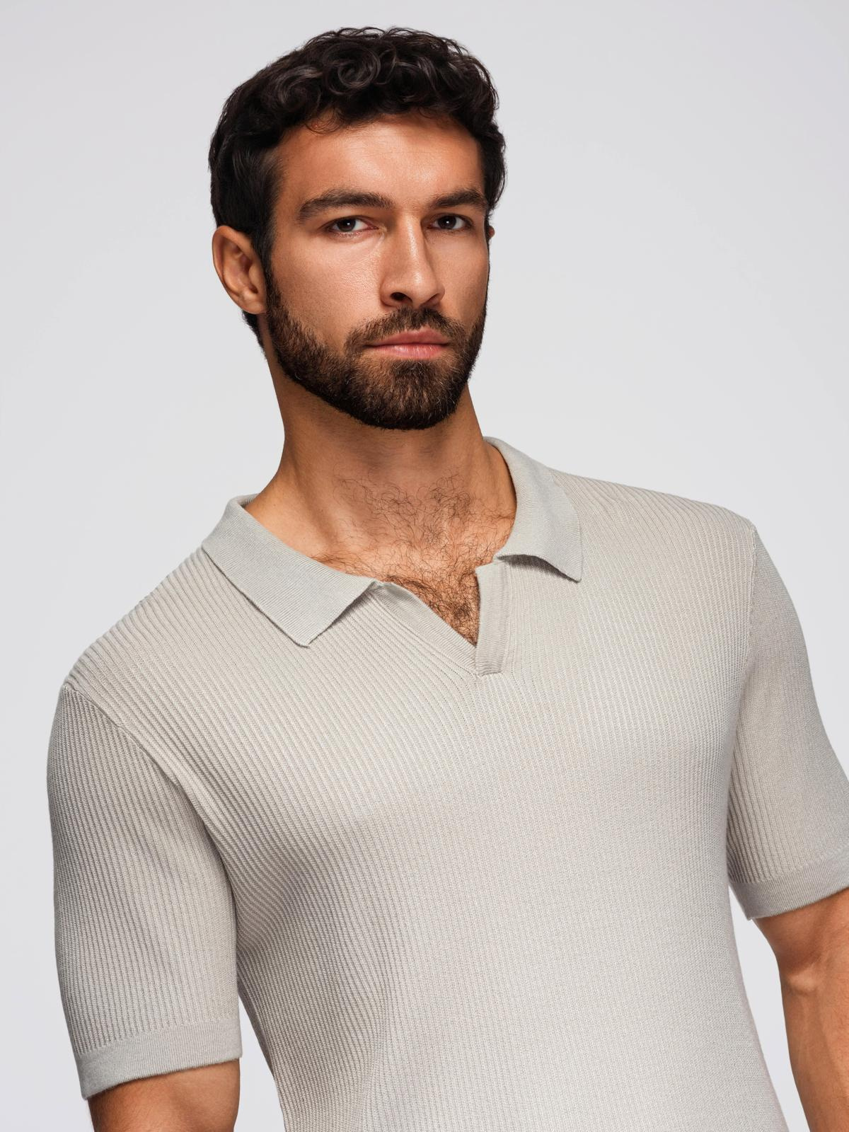 Ombre Men's buttonless polo shirt with open collar - light grey