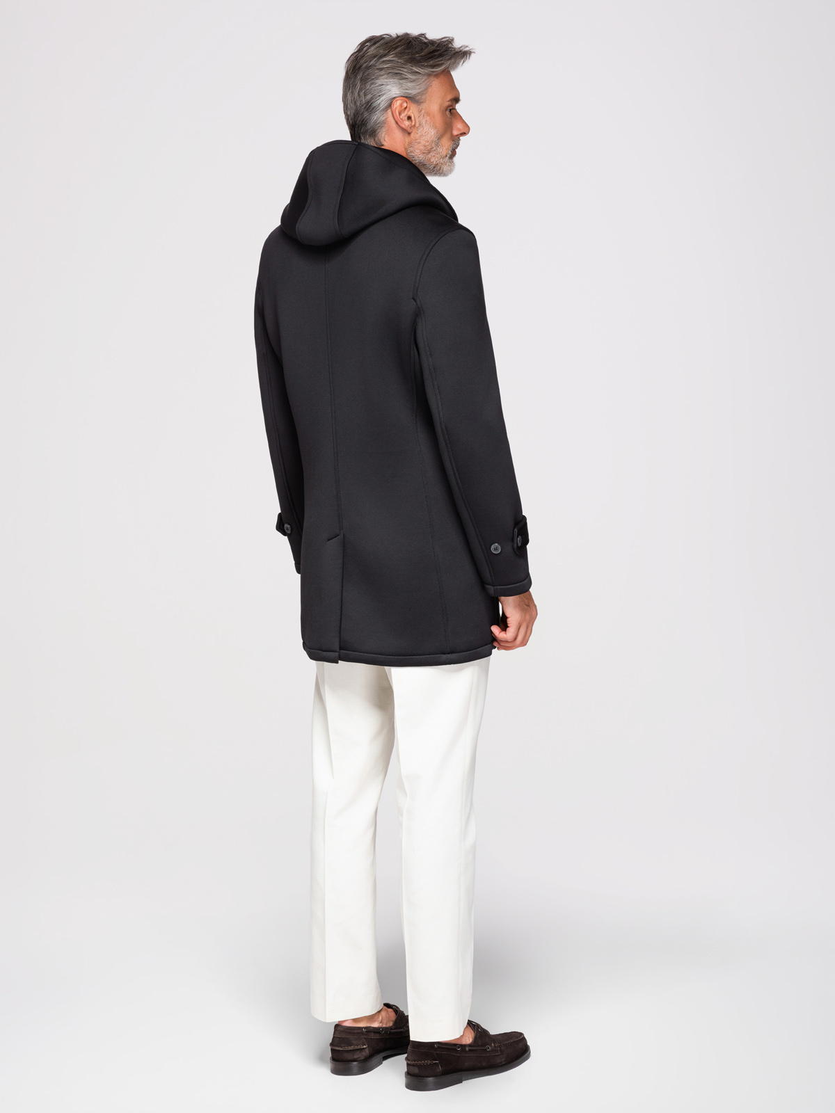 Ombre Men's minimalist medium length coat with hood - black