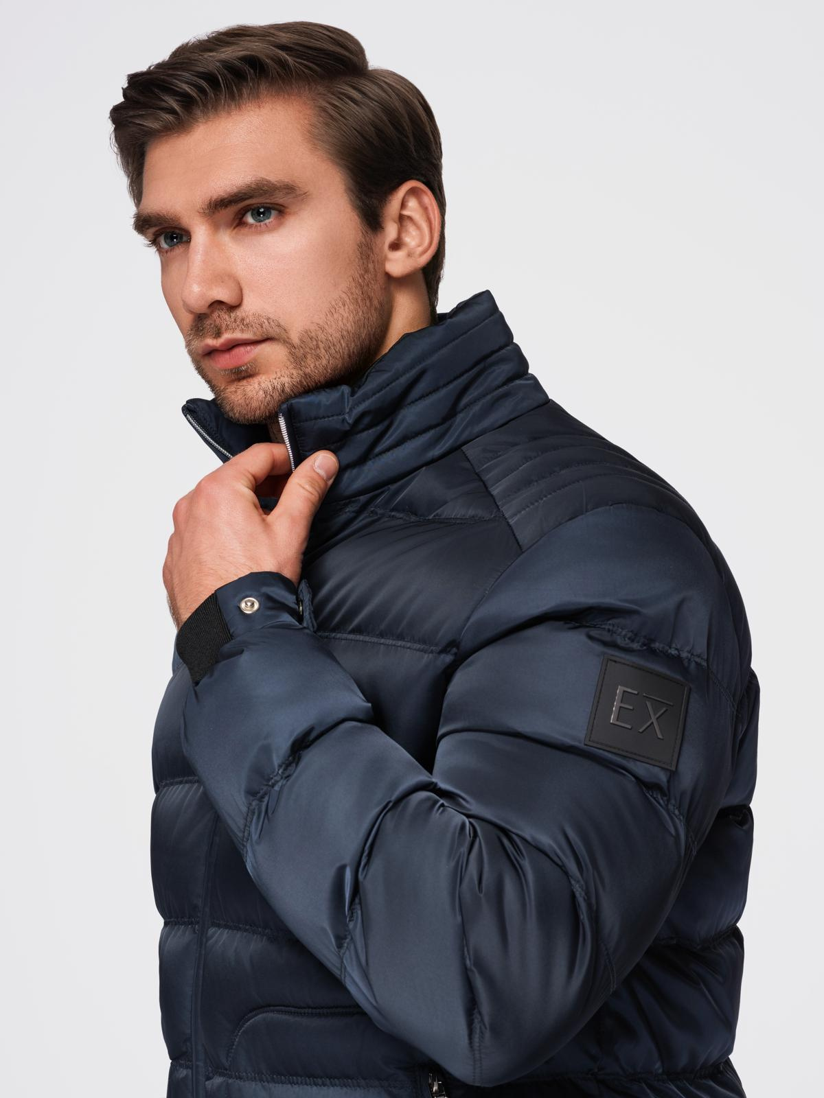 Ombre Men&#039;s quilted jacket with sheen and stand-up collar - dark blue