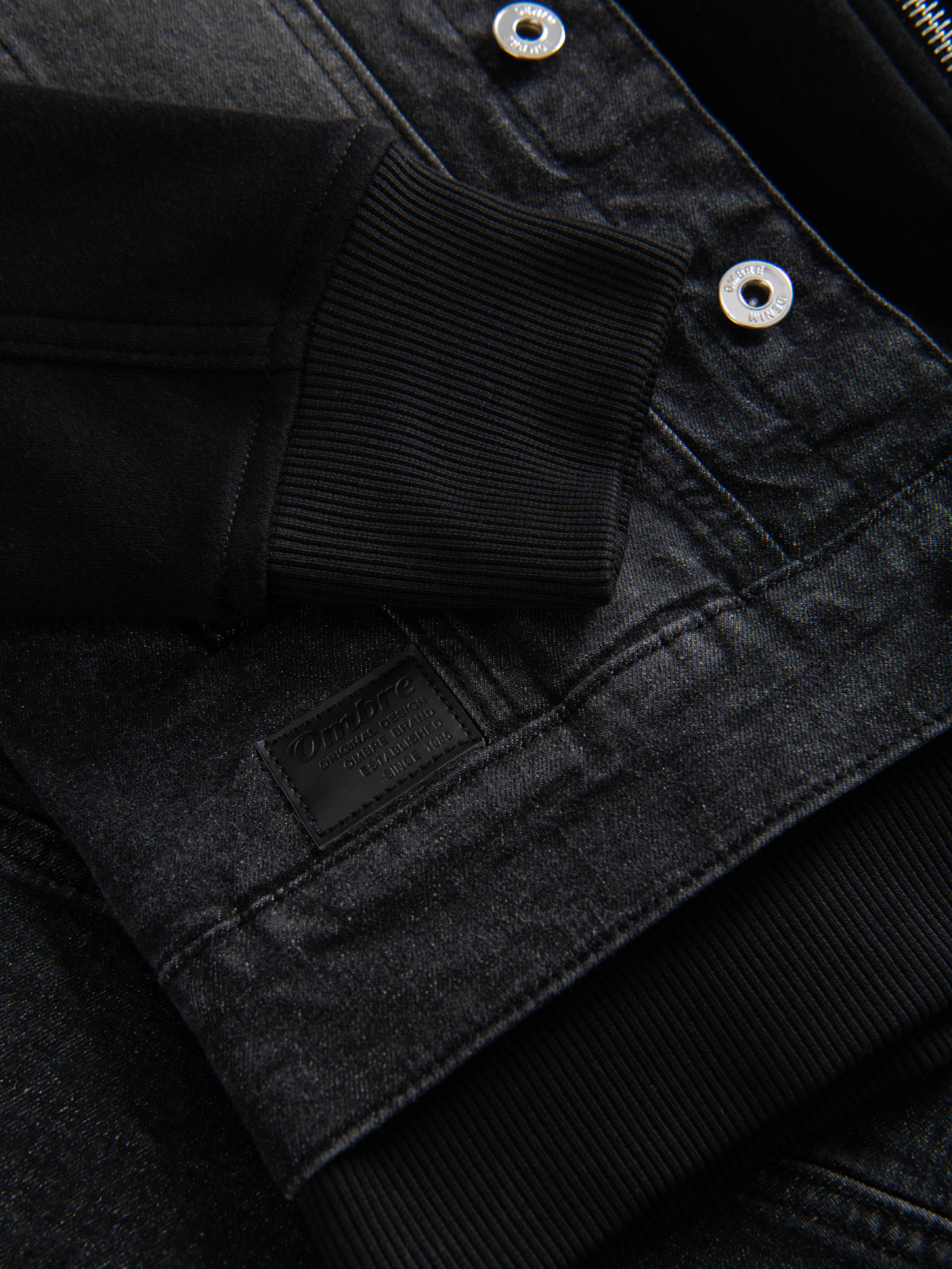 Ombre Men&#039;s denim jacket with knitted sleeves and hood - black