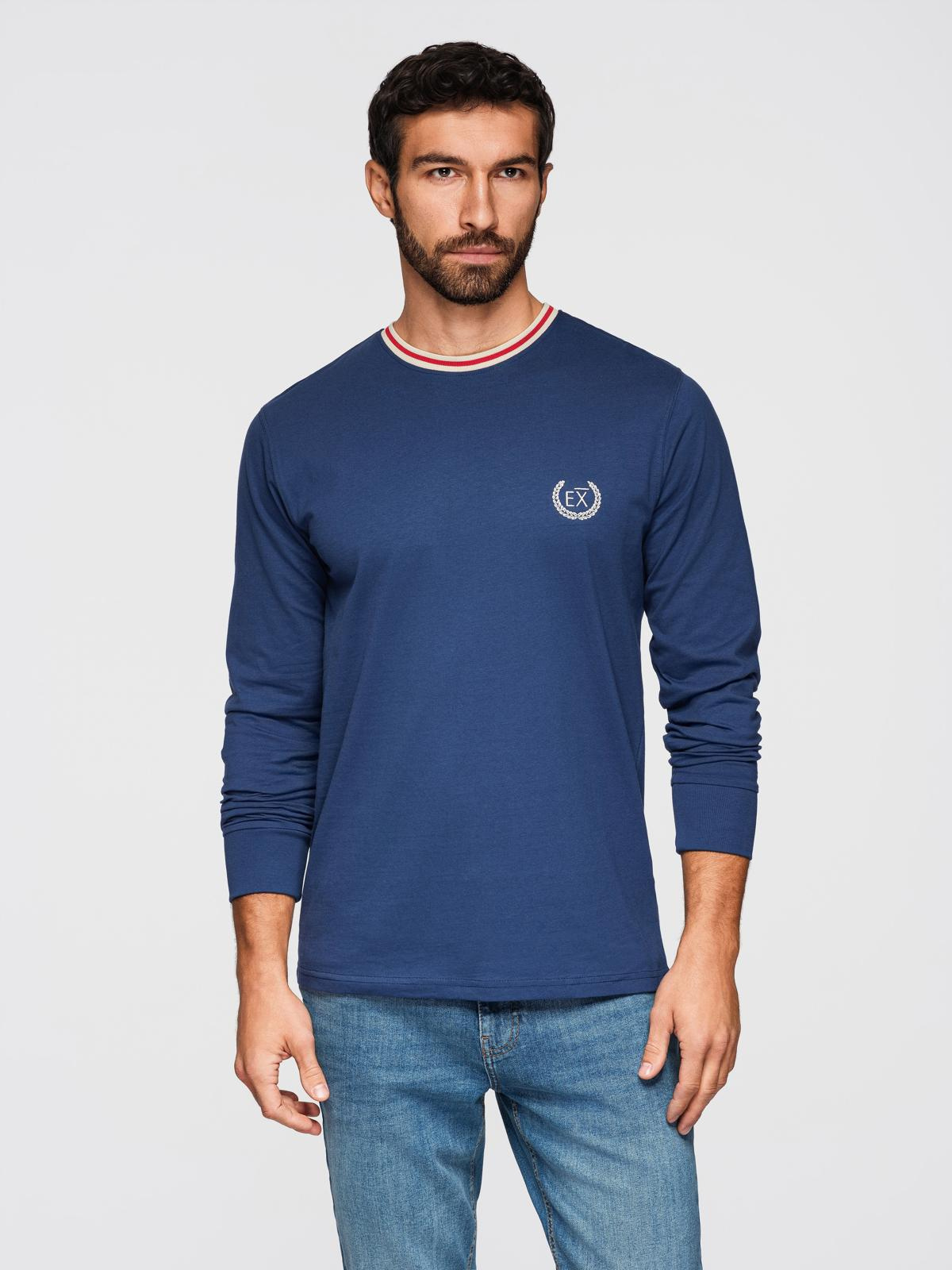Ombre Men's cotton longsleeve with striped U neckline and embroidery - dark blue