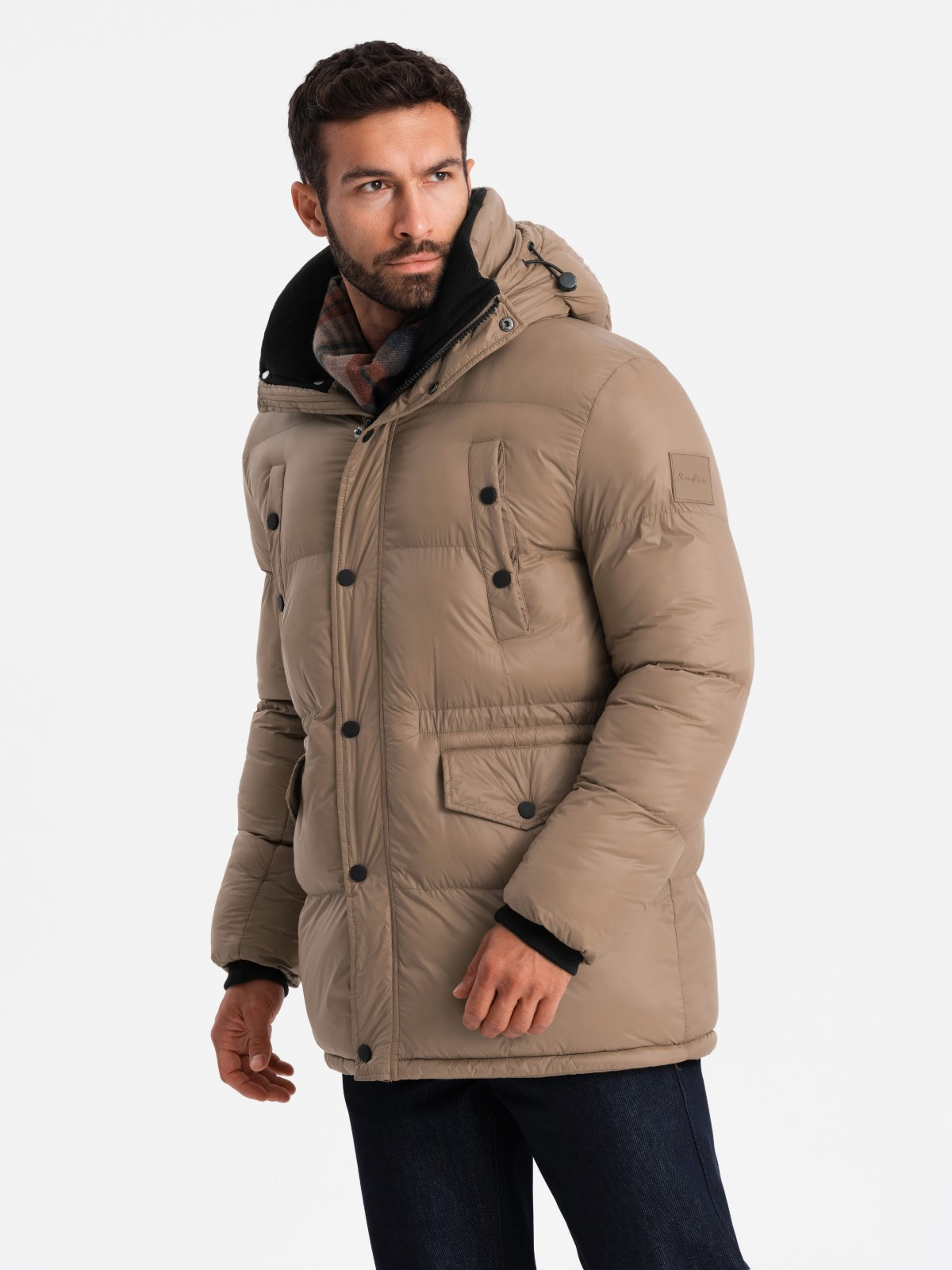 Ombre Men's long puffer jacket with snap pockets - brown