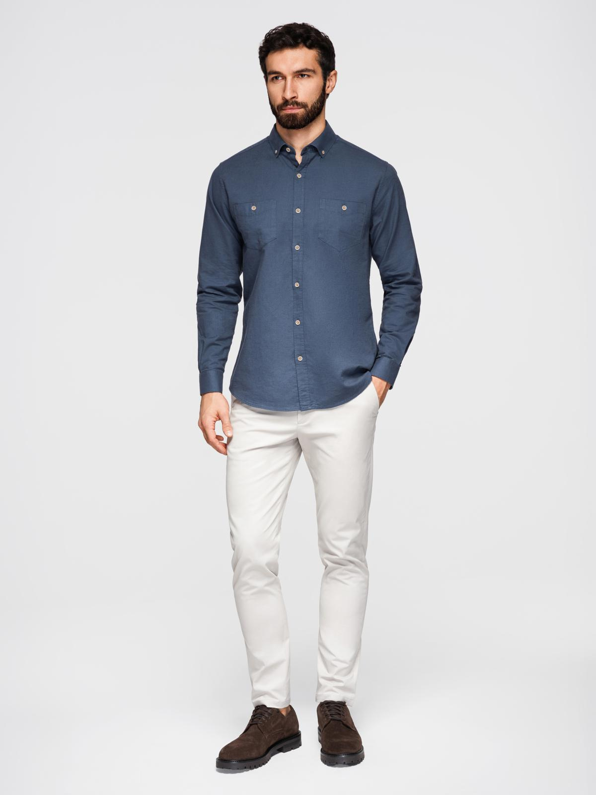 Ombre Men's linen shirt with classic collar and pockets REGULAR FIT - blue