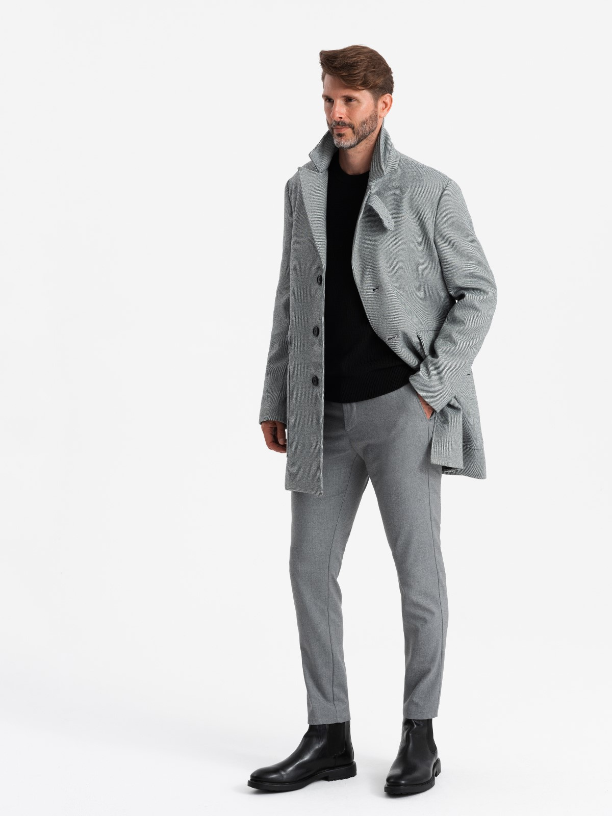 Ombre Patterned Single-breasted Men's Coat With Pockets - Grey