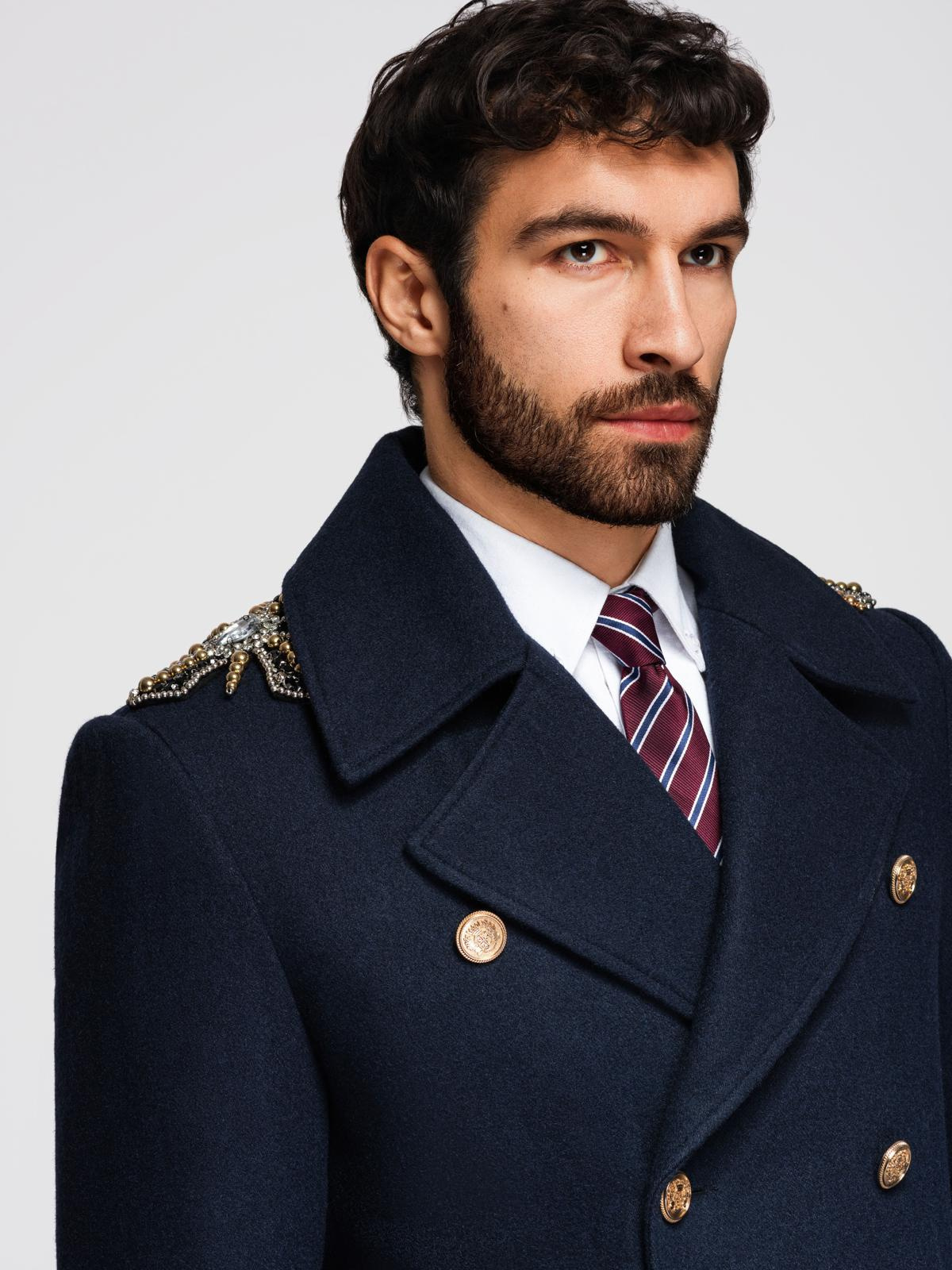 Ombre Men's double-breasted coat with wool and decorative shoulder applications -