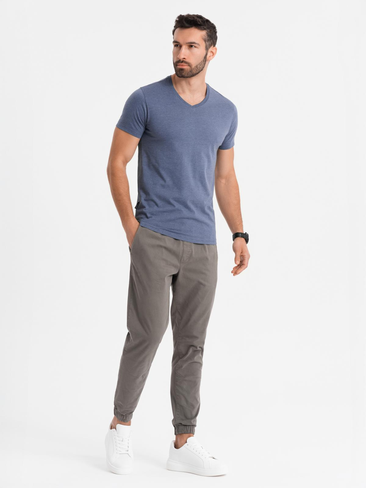 Ombre Men's BASIC classic cotton T-shirt with a serape neckline - blue melange