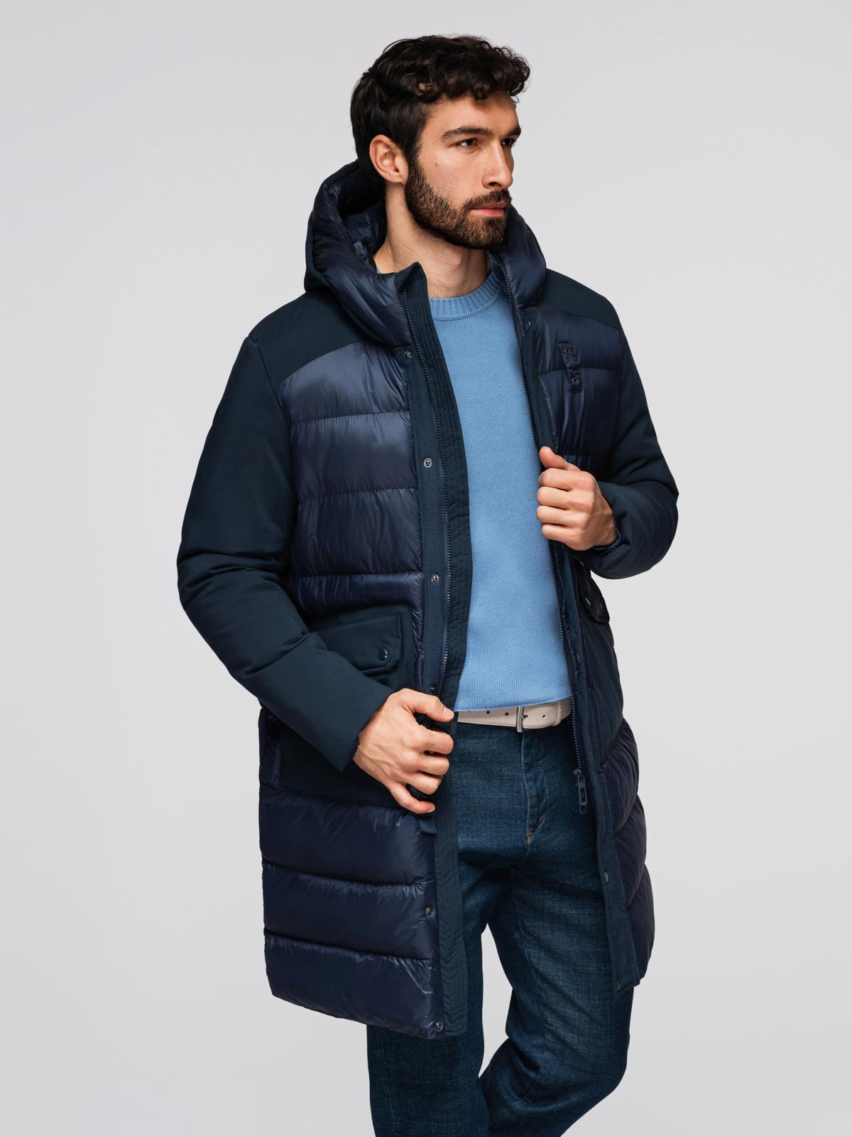Ombre Men's quilted long jacket with large pockets - navy blue
