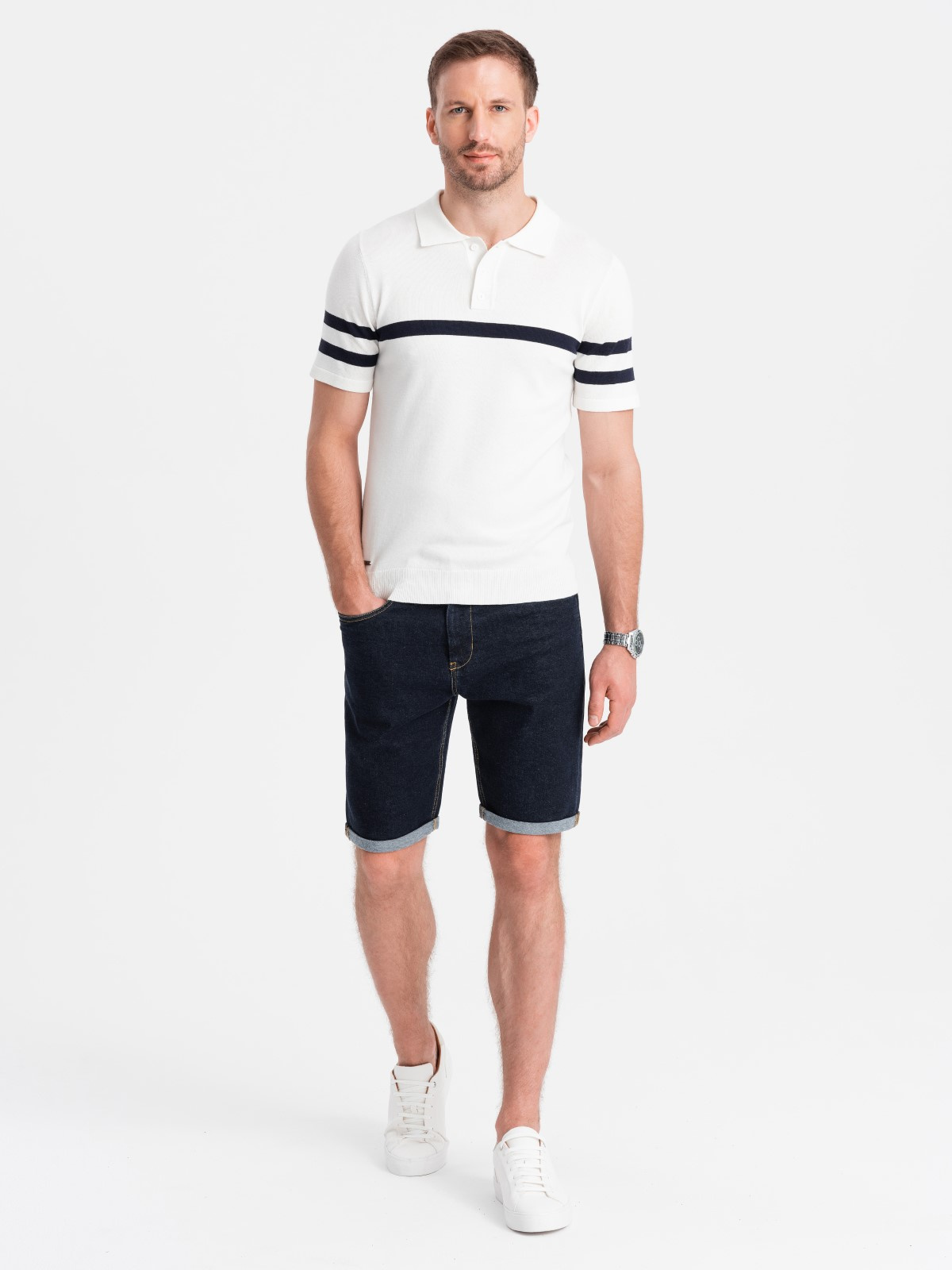 Ombre Men's denim shorts with rolled up legs - navy blue
