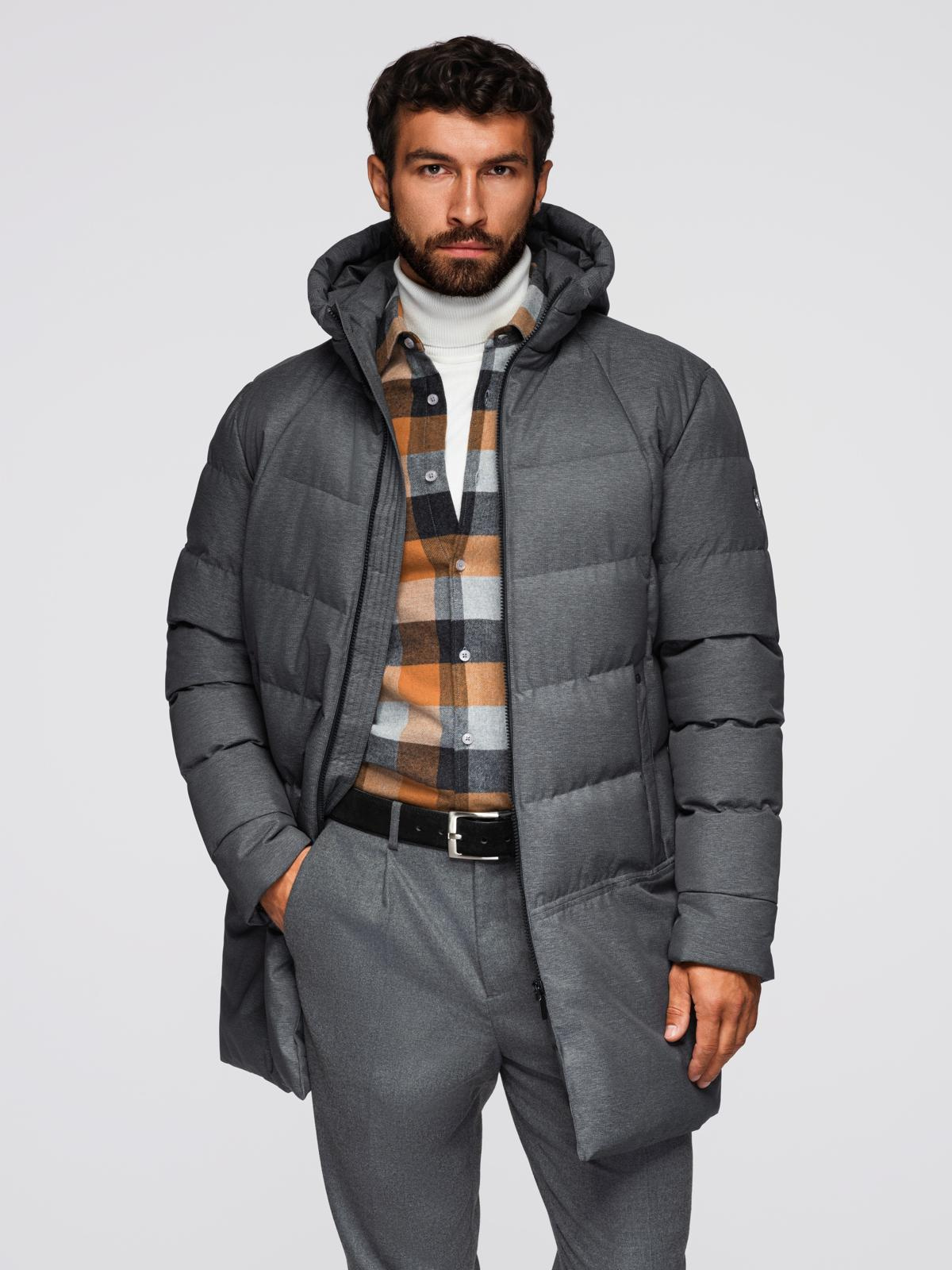 Ombre Mens long quilted jacket with hood - grey
