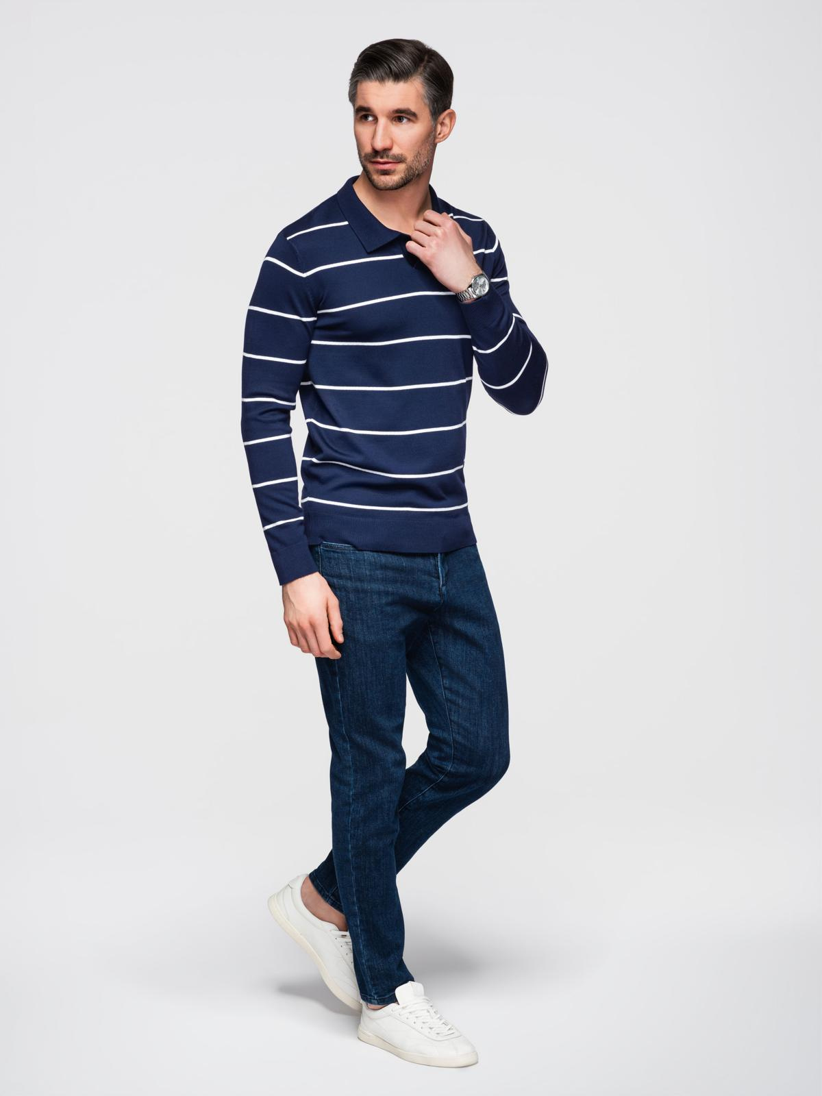 Ombre Men's horizontal striped polo longsleeve with viscose - navy blue and white