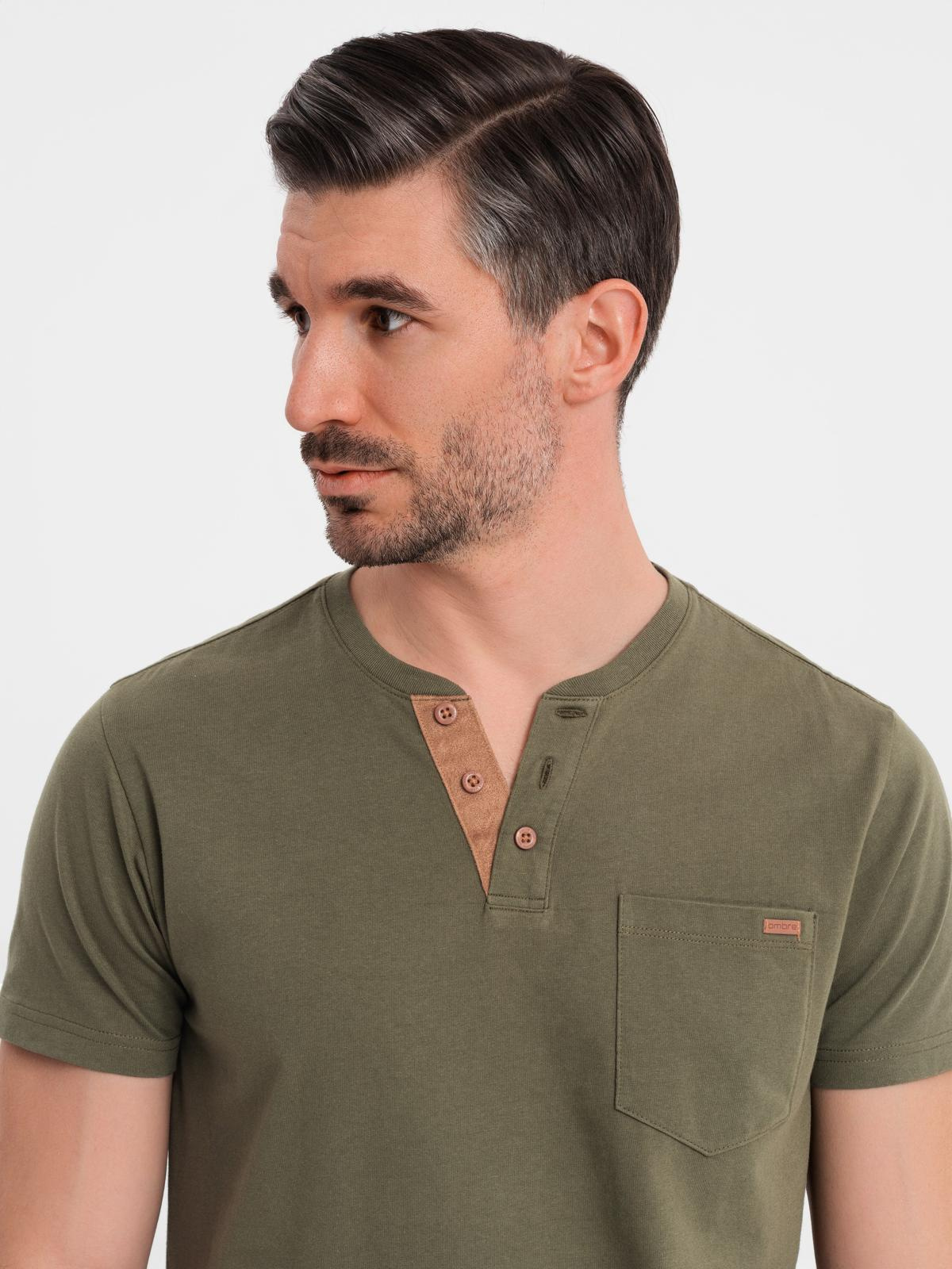 Ombre Men's T-shirt with button neckline and suede trim - dark olive
