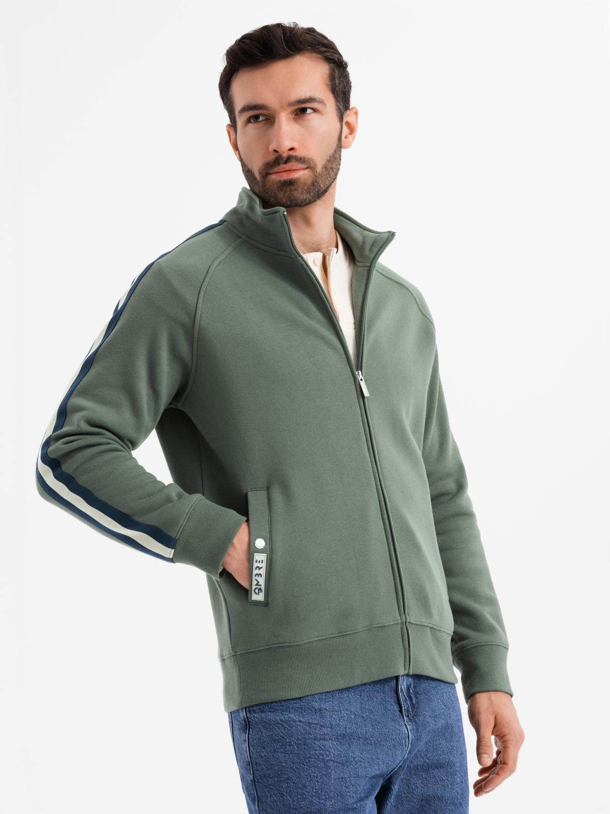 Ombre Men&#039;s sweatshirt with high collar and stripes - olive