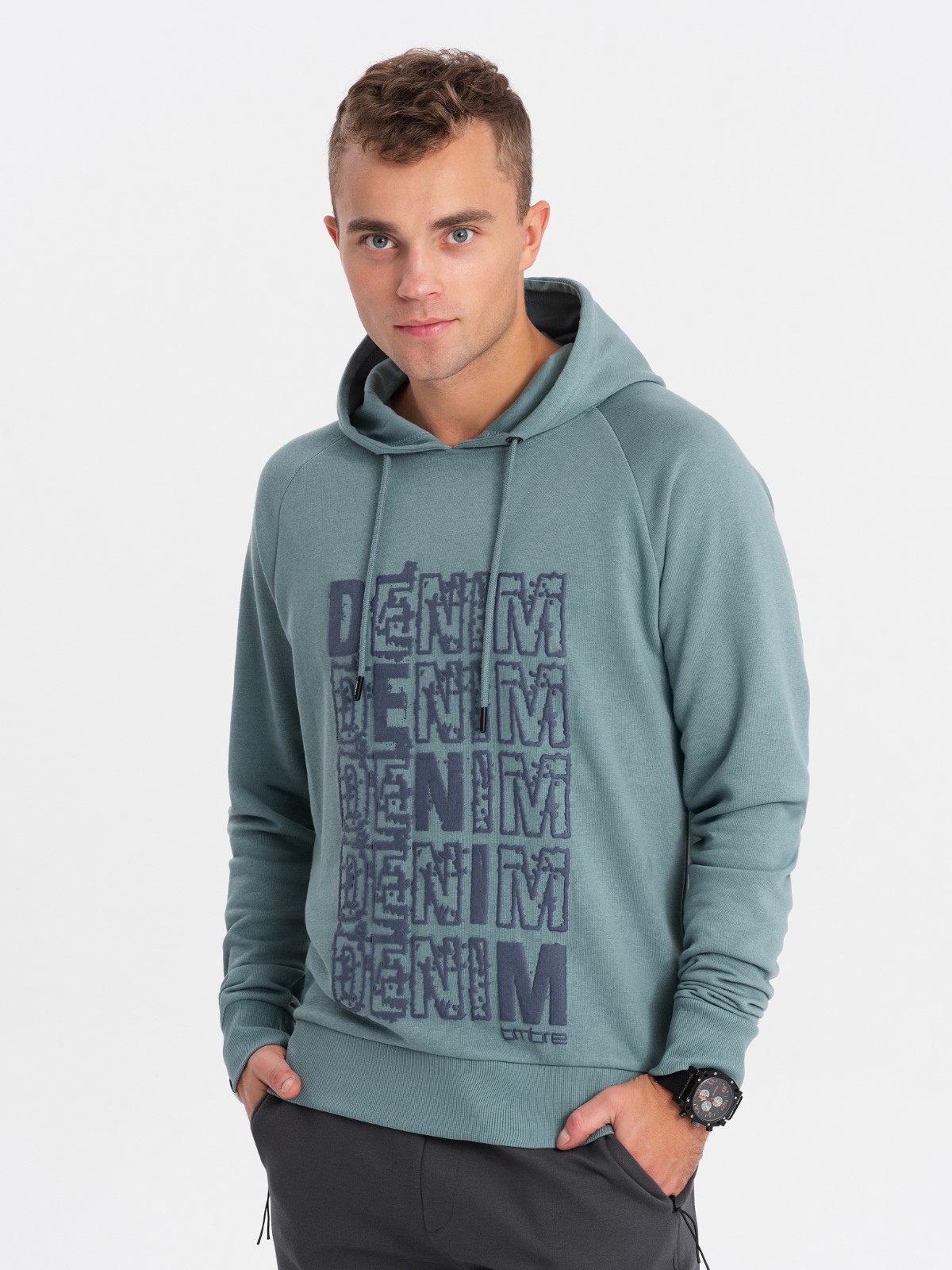 Levně Ombre Men's non-stretch kangaroo sweatshirt with hood and print - turquoise