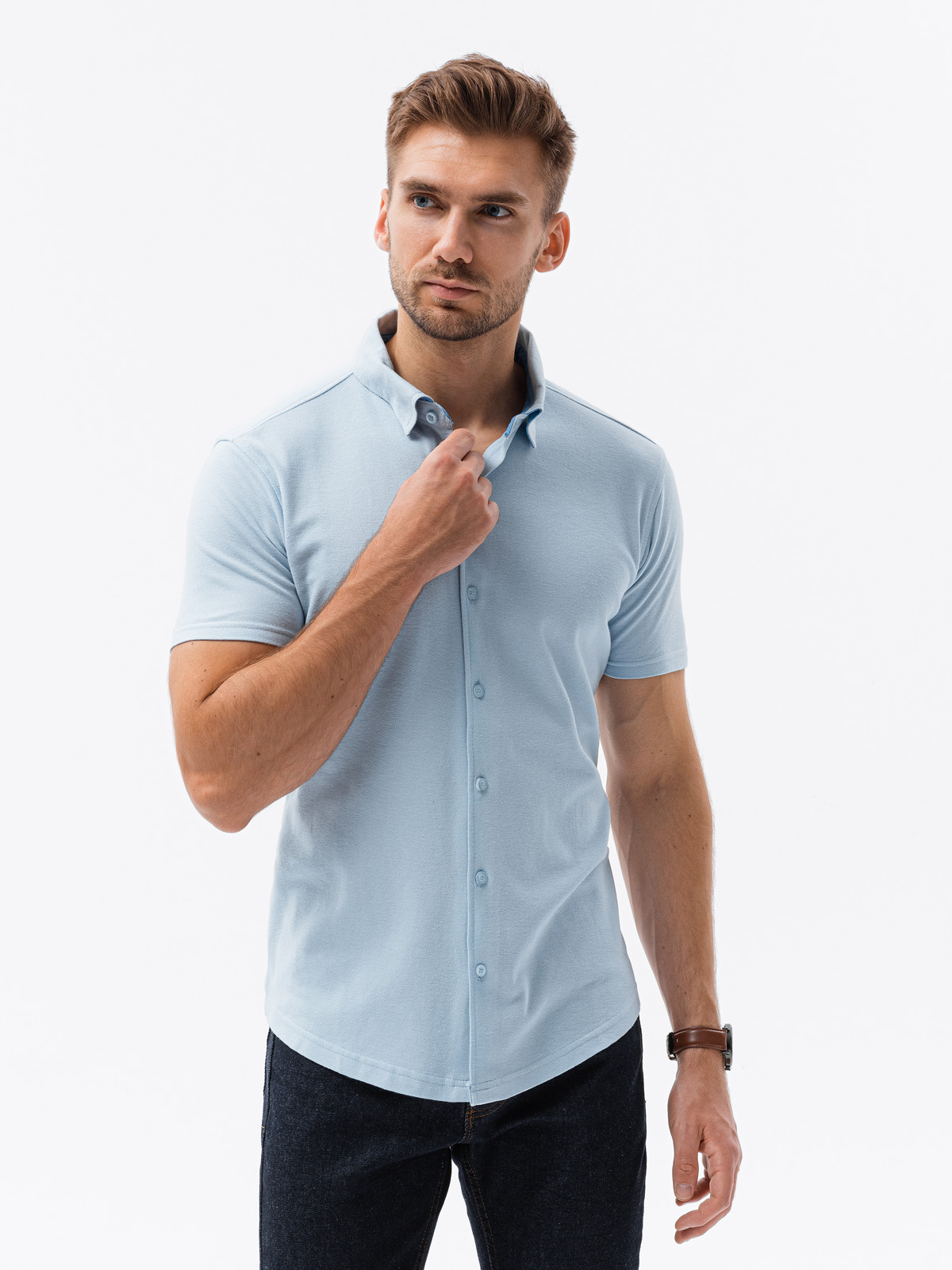 Ombre Men's knitted slim fit shirt with short sleeves and collar - blue
