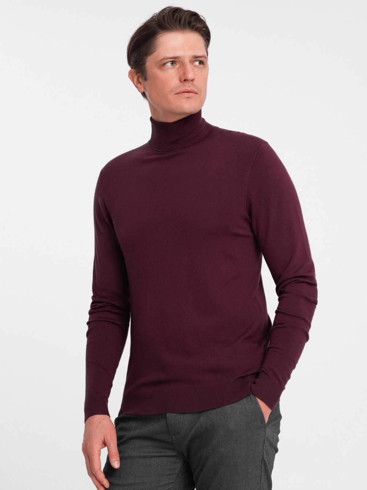 Ombre Men's single color knitted turtleneck with viscose - maroon