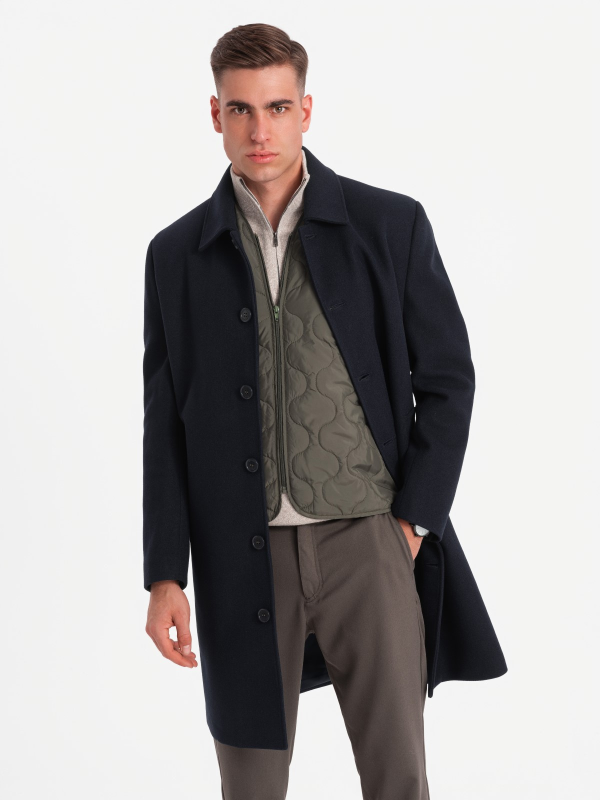 Ombre Men&#039;s long single-breasted coat with collar and undercoat - navy blue