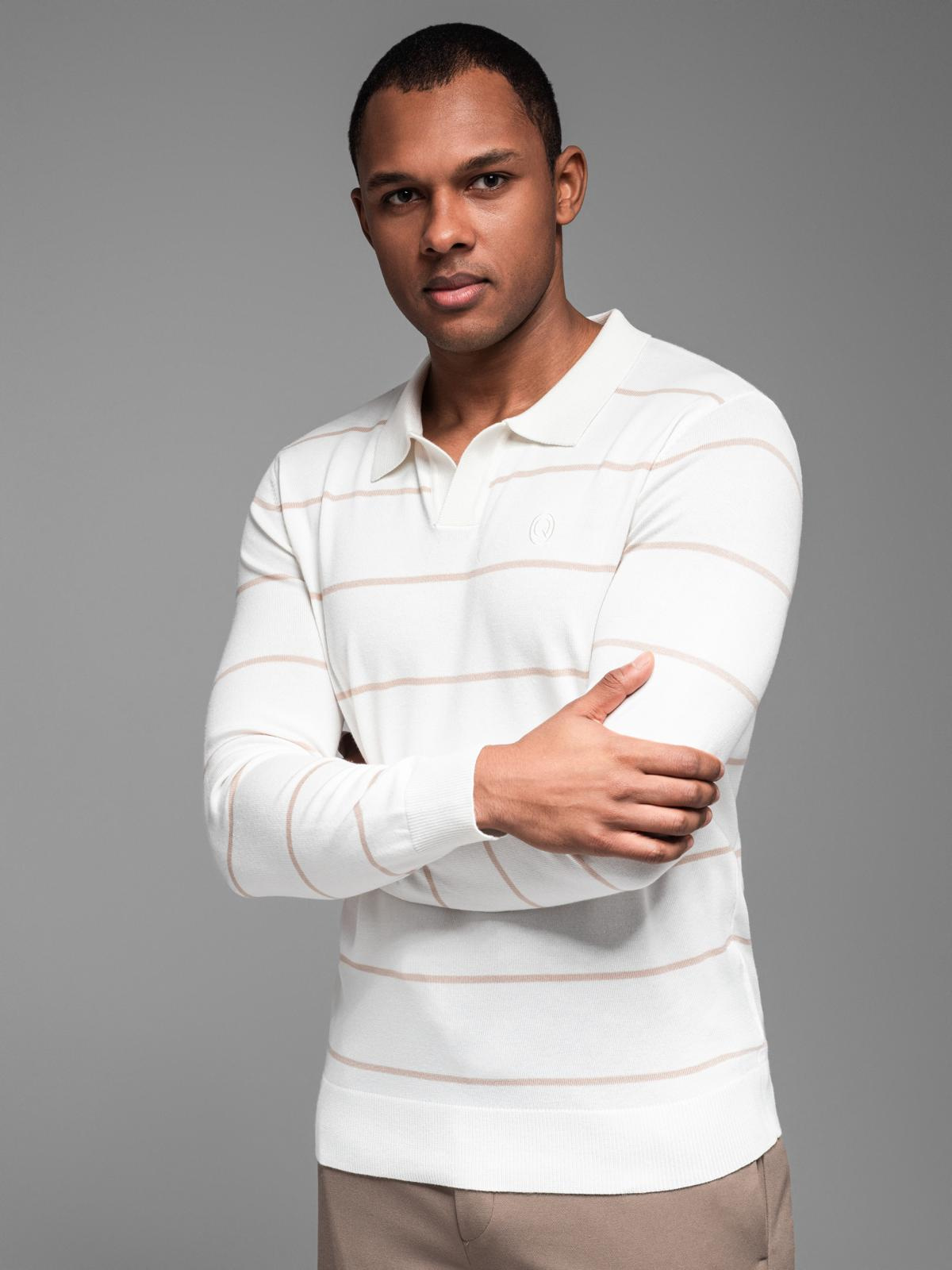 Ombre Men&#039;s horizontal striped polo longsleeve with viscose - white and beige