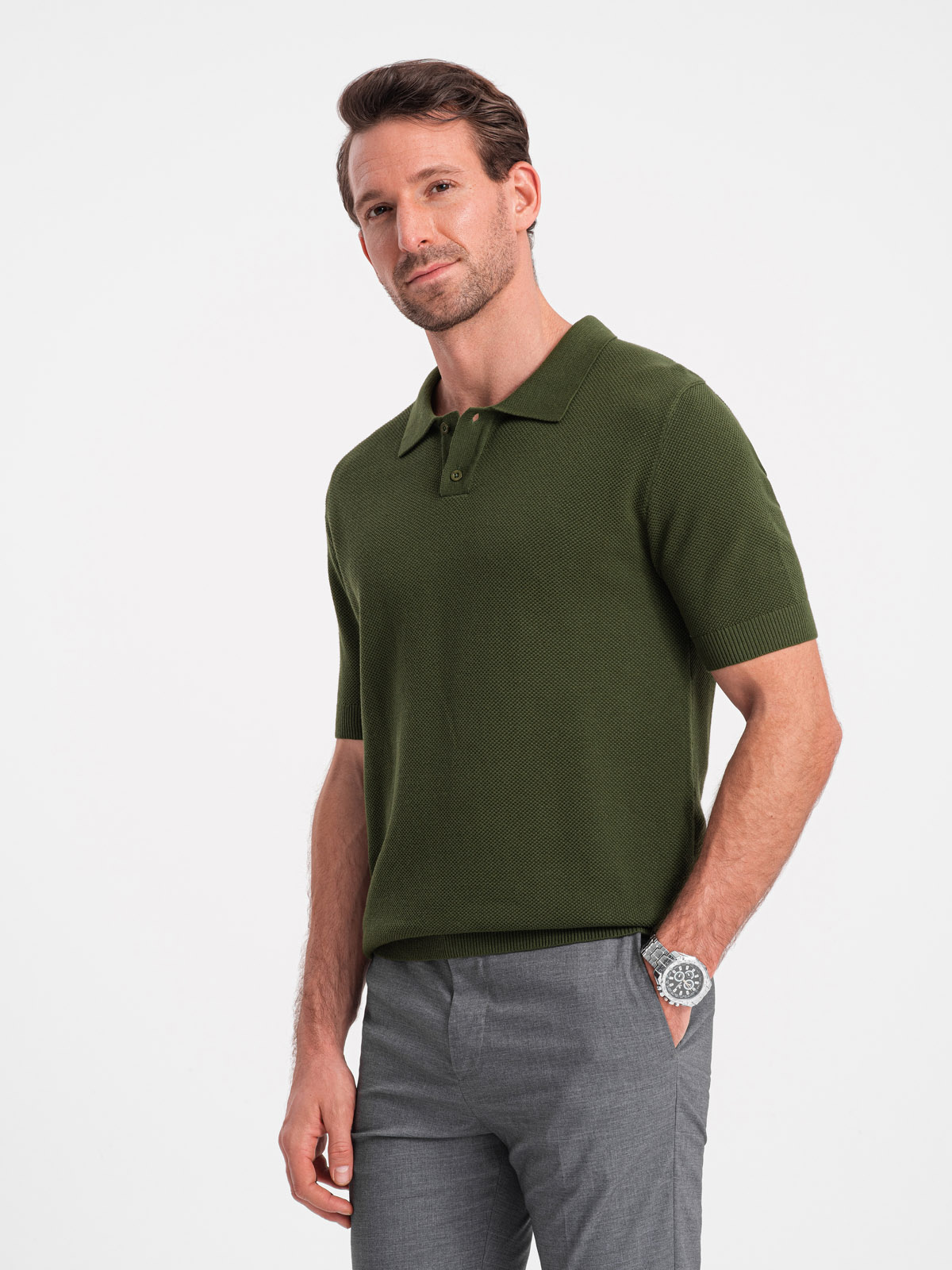 Ombre Men's Structured Knit Polo Shirt - Olive