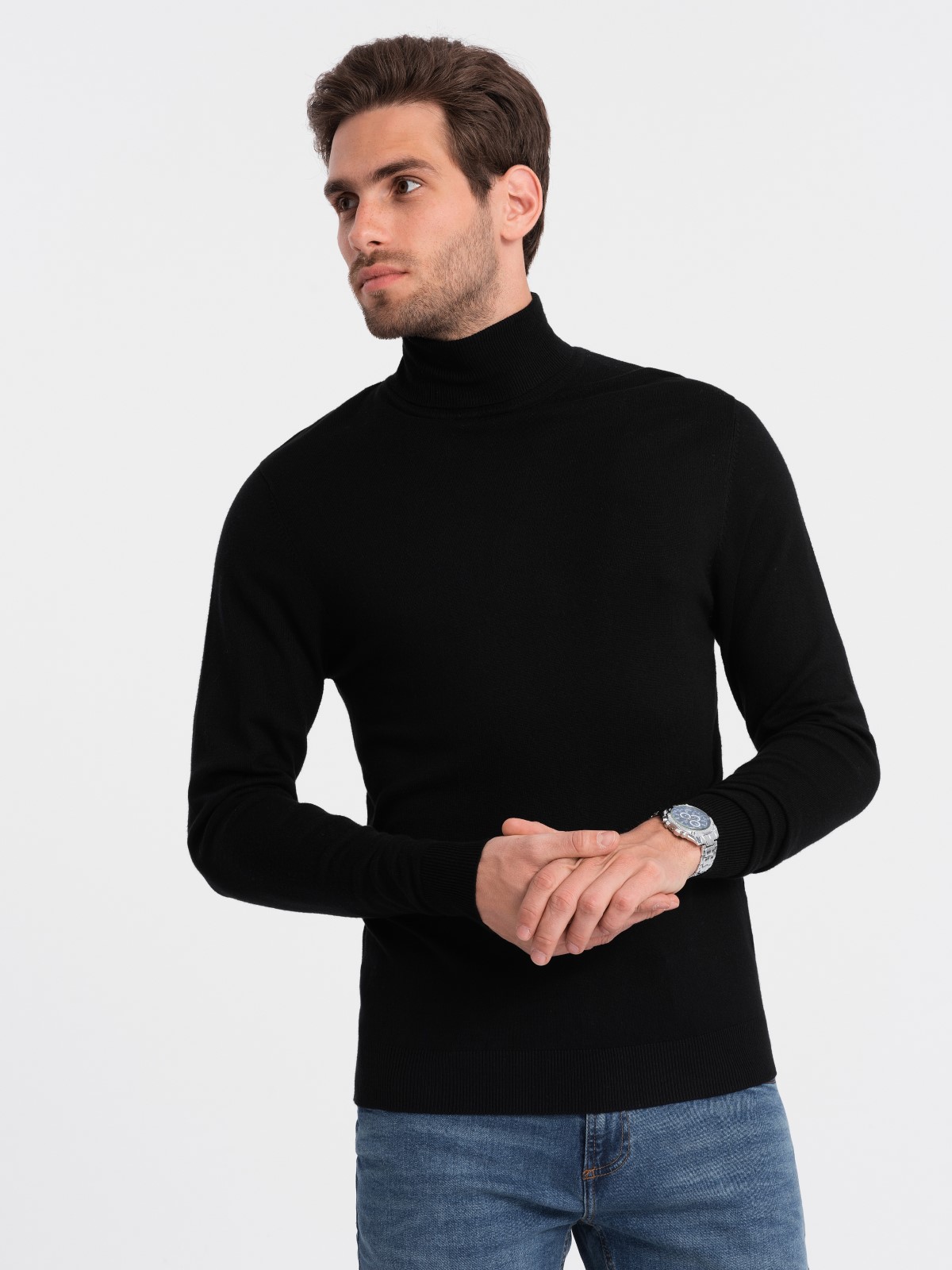 Levně Ombre Men's knitted fitted turtleneck with viscose - black